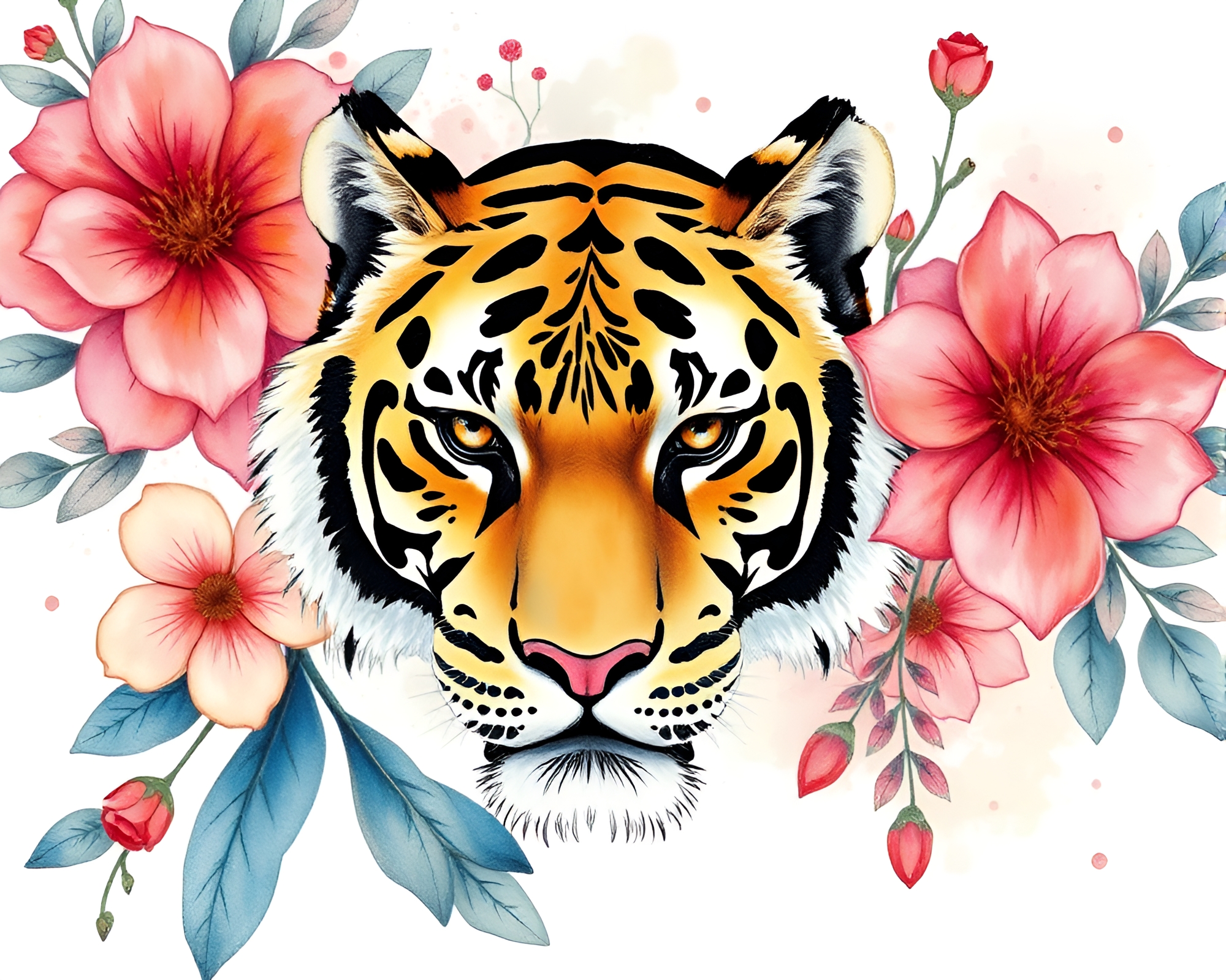 Serene Tiger in Watercolor Calligraphy Blossoms – free AI stock image