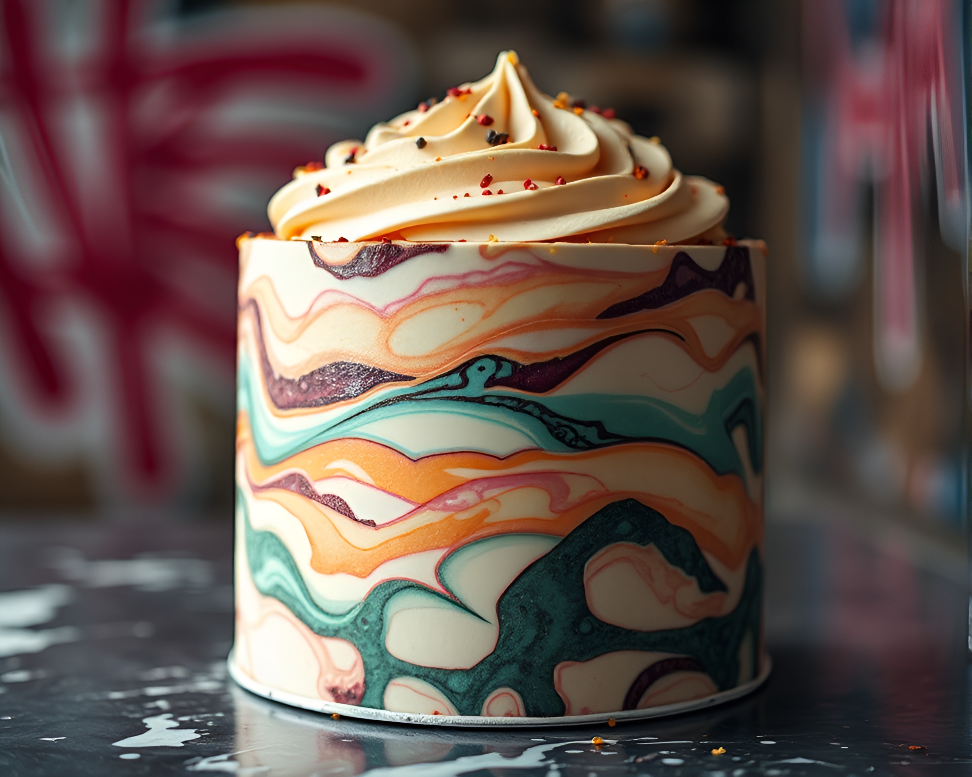 Graffiti Marbled Cake in Soft Focus Medium Shot – free AI stock image