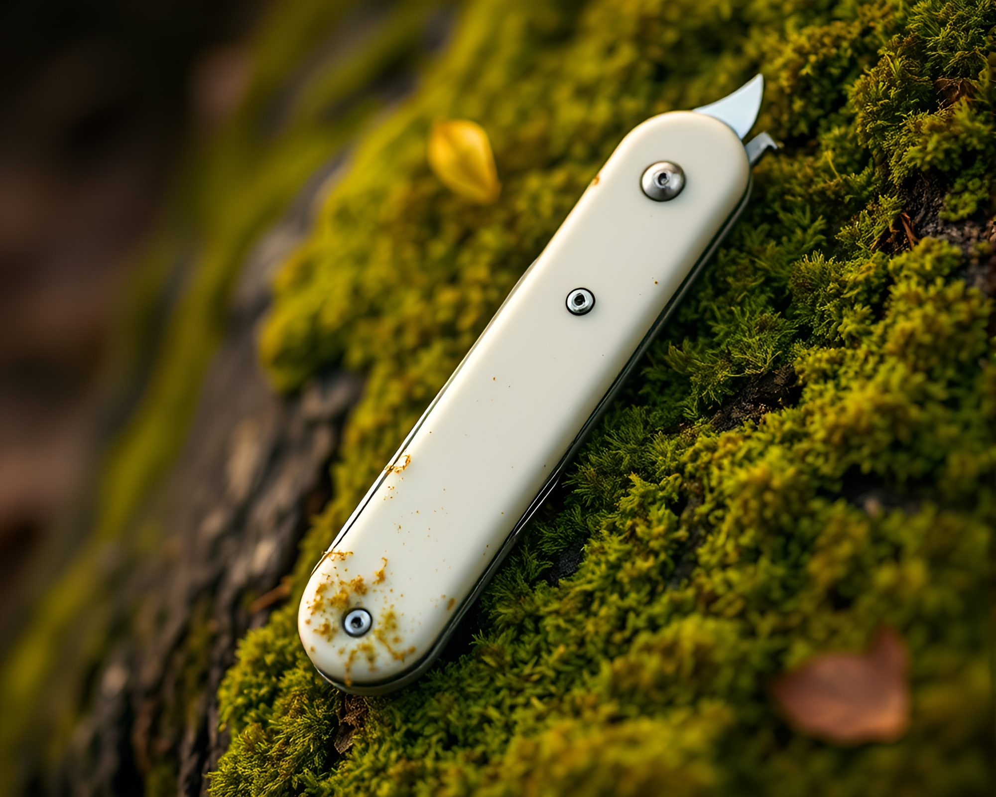Moss-Covered Rusty Pocketknife in Off-White Glow – free AI stock image