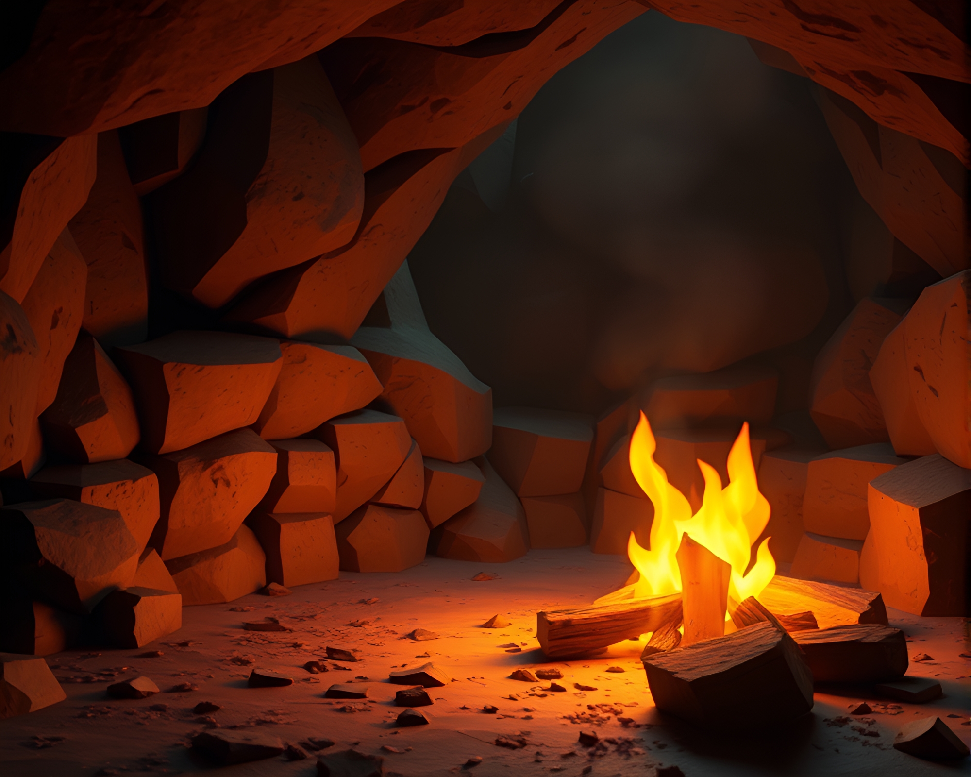 Low-poly Cavern Bonfire Warmth 3D Render – free AI stock image