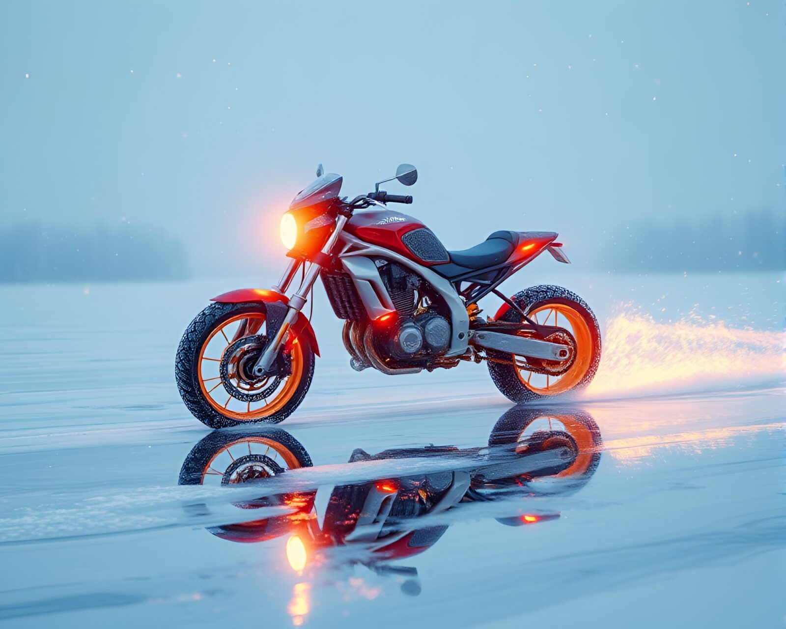 Futuristic hoverbike in symmetrical snow-covered landscape with AI-style art