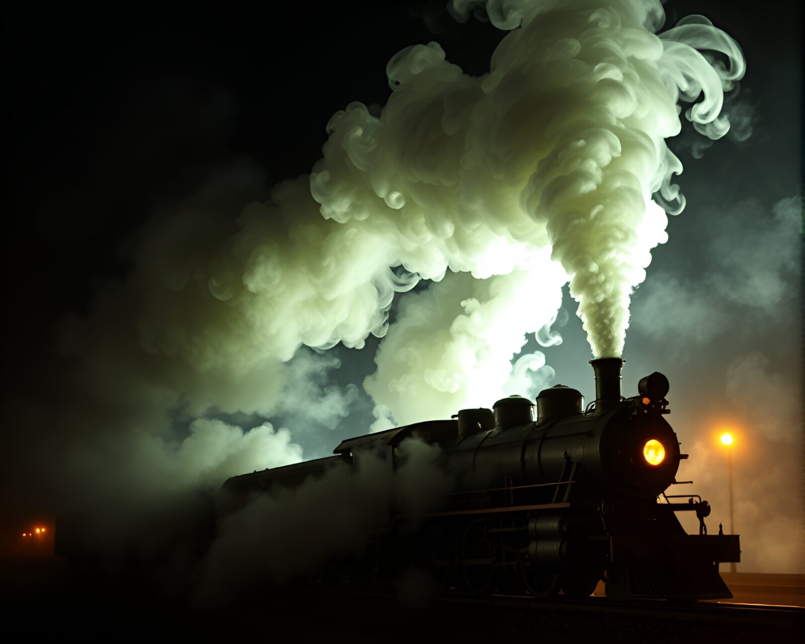 Vintage train cutting through swirling smoke in dimly lit scene