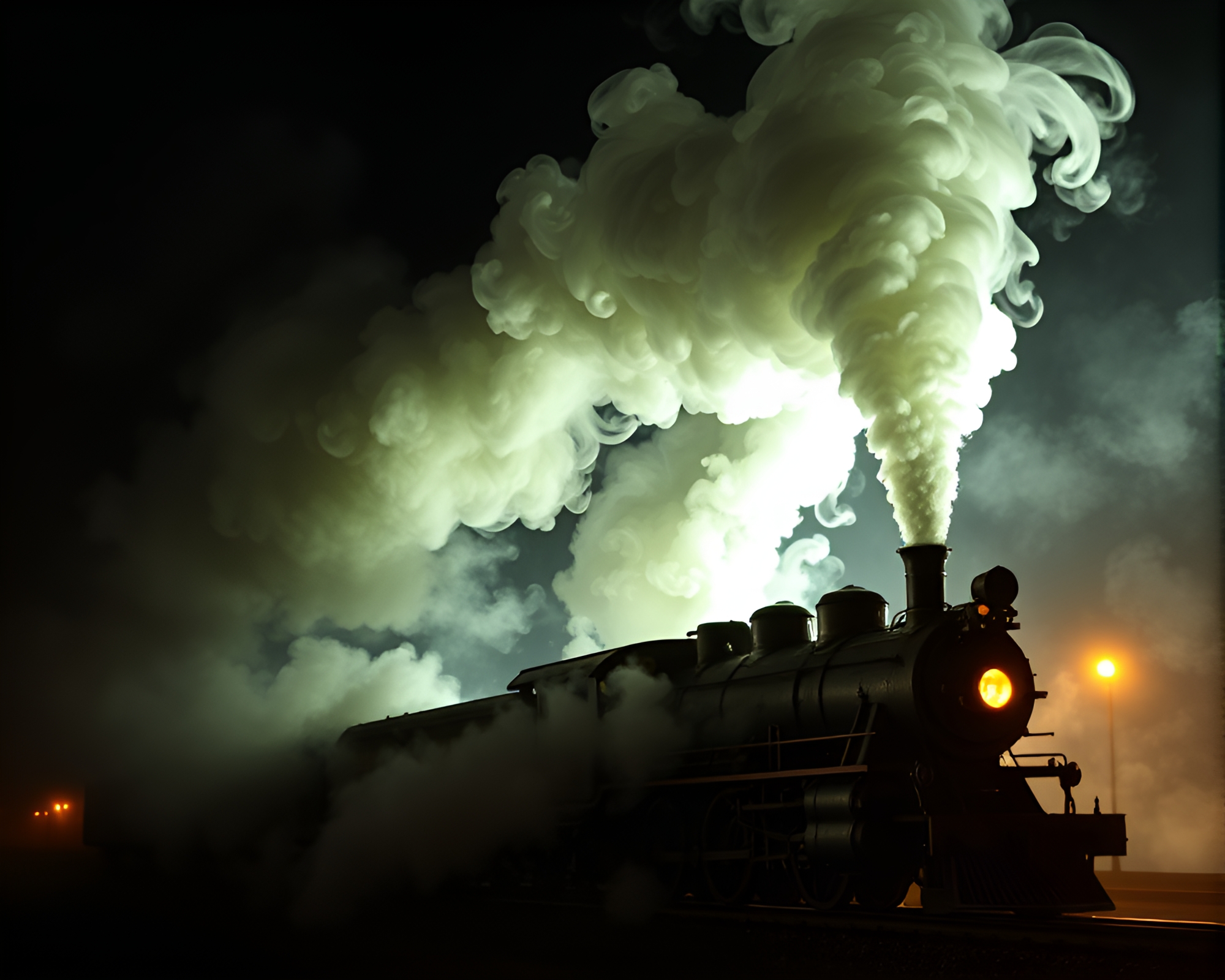 Steam Locomotive Piercing Through Smoky Candle-lit Night – free AI stock image
