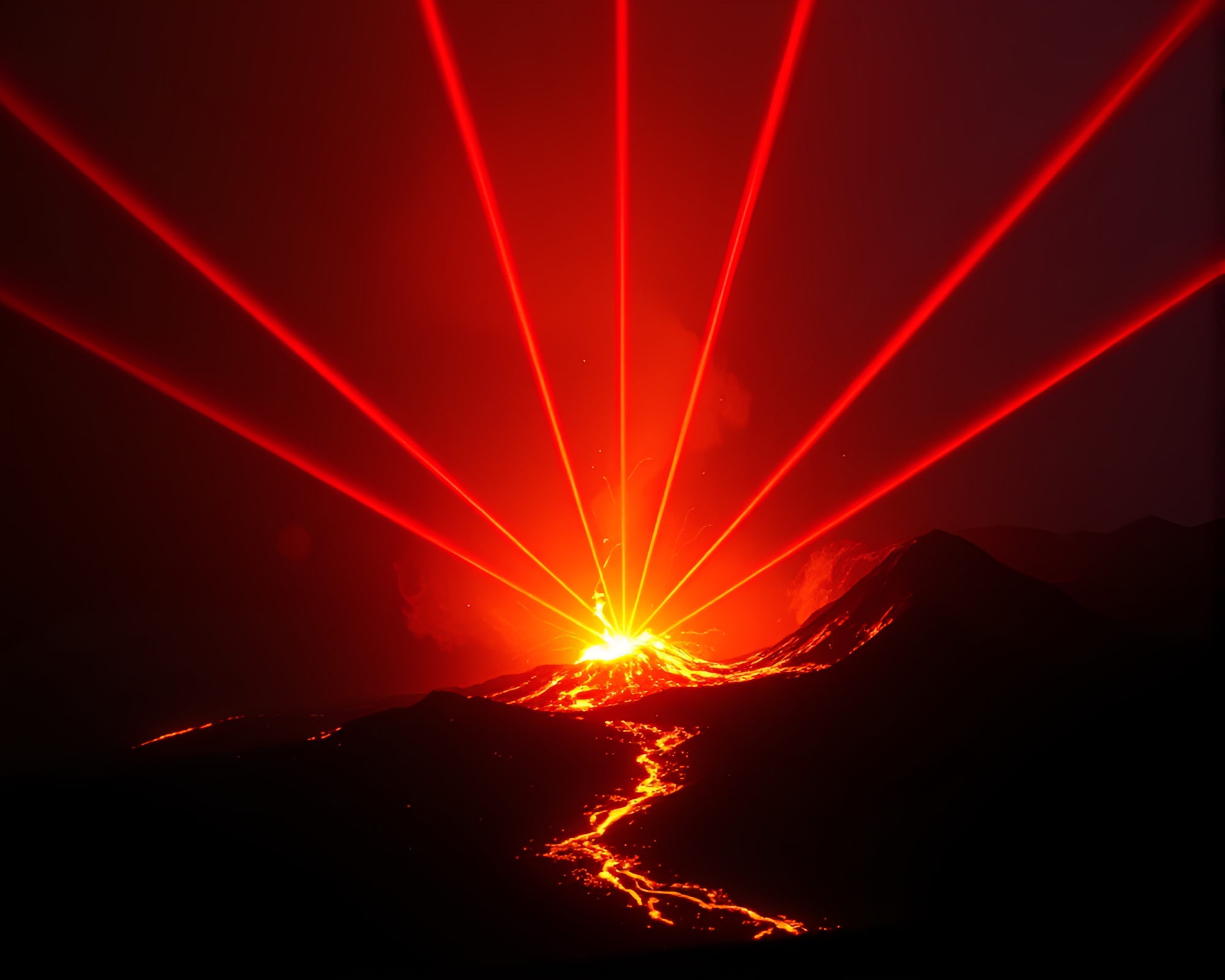 Volcanic eruption illuminating copper laser beams – free AI stock image