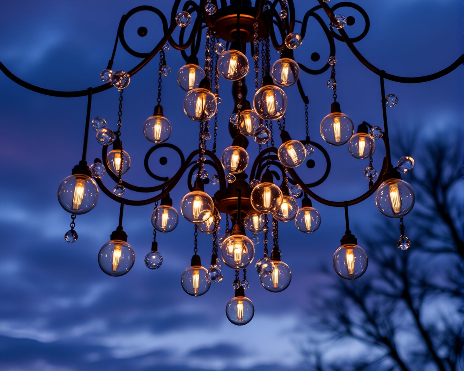 Elegant chandelier floats in bubbles at dusk
