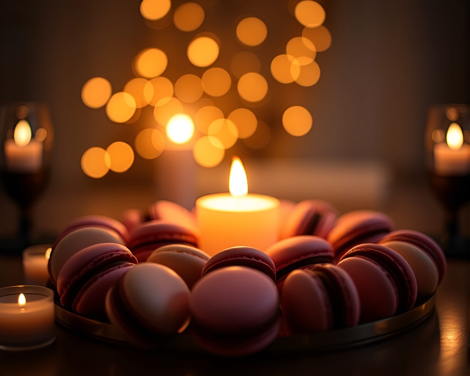 A close-up view of assorted macarons in soft candlelight