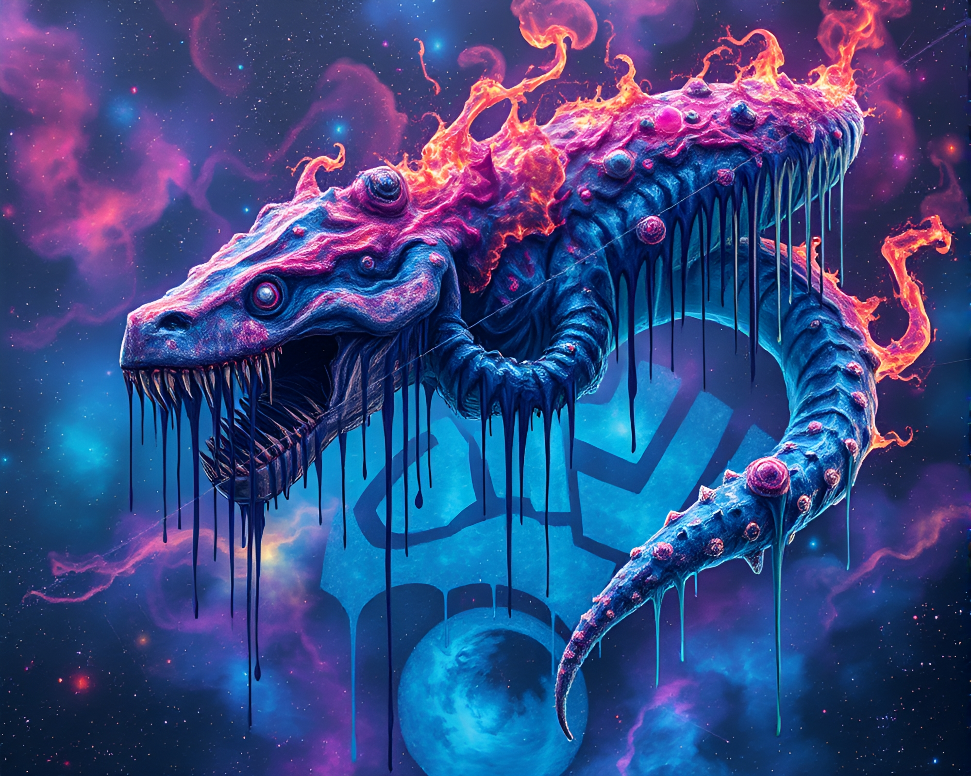 Leviathan Graffiti Drips Amidst Cosmic Nebula Hues – free AI stock image