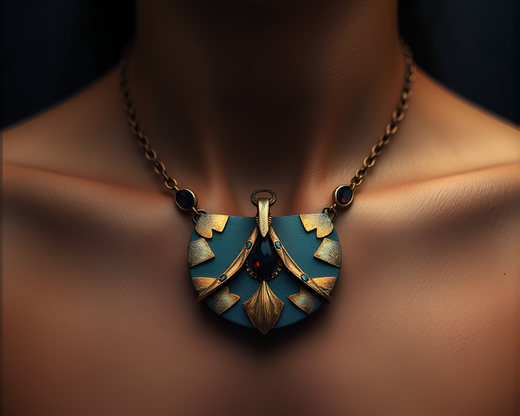 Enchanted double exposure necklace under bronze sheen light – free AI stock image