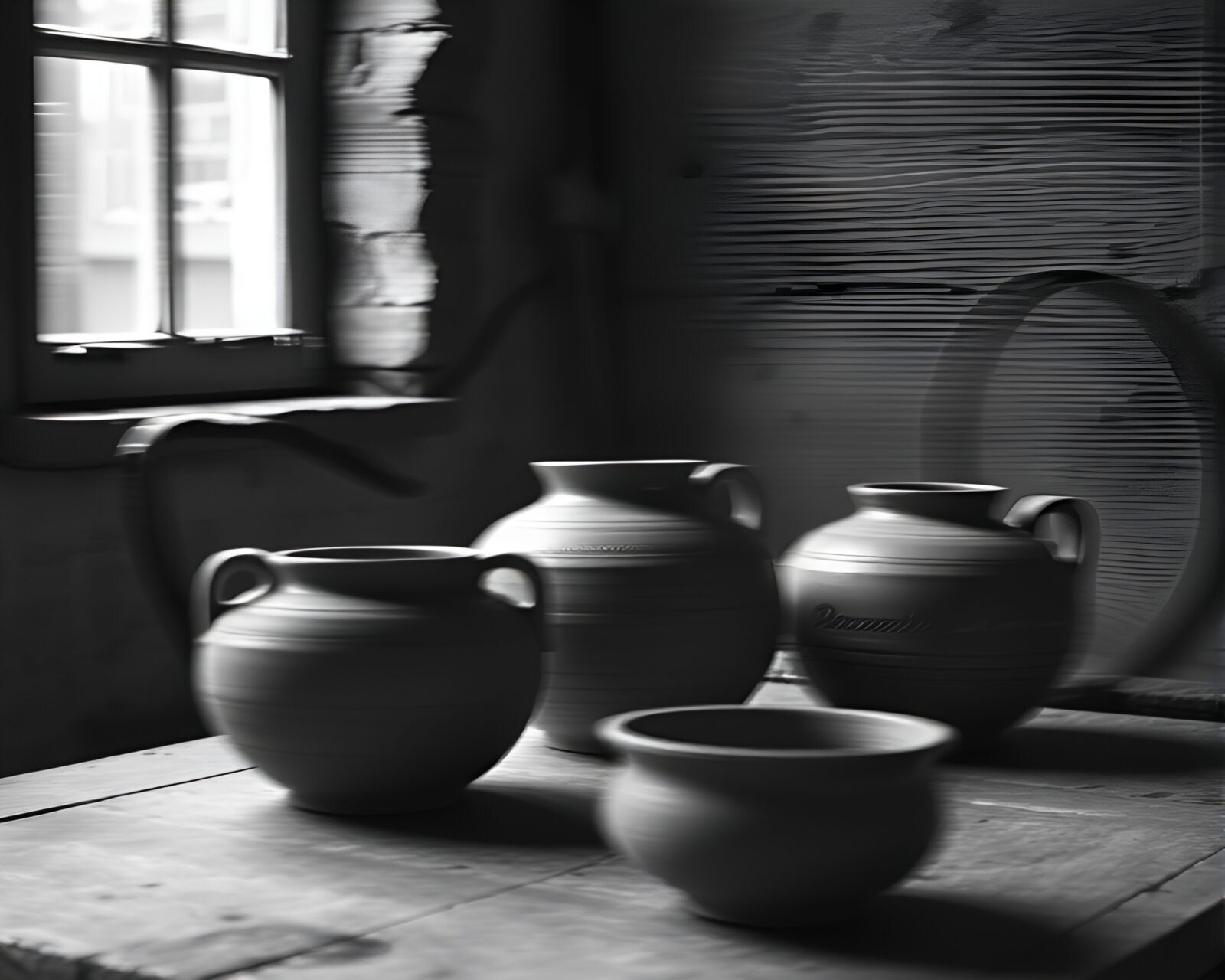 Sleek contemporary pottery in desaturated gloom with pan motion blur