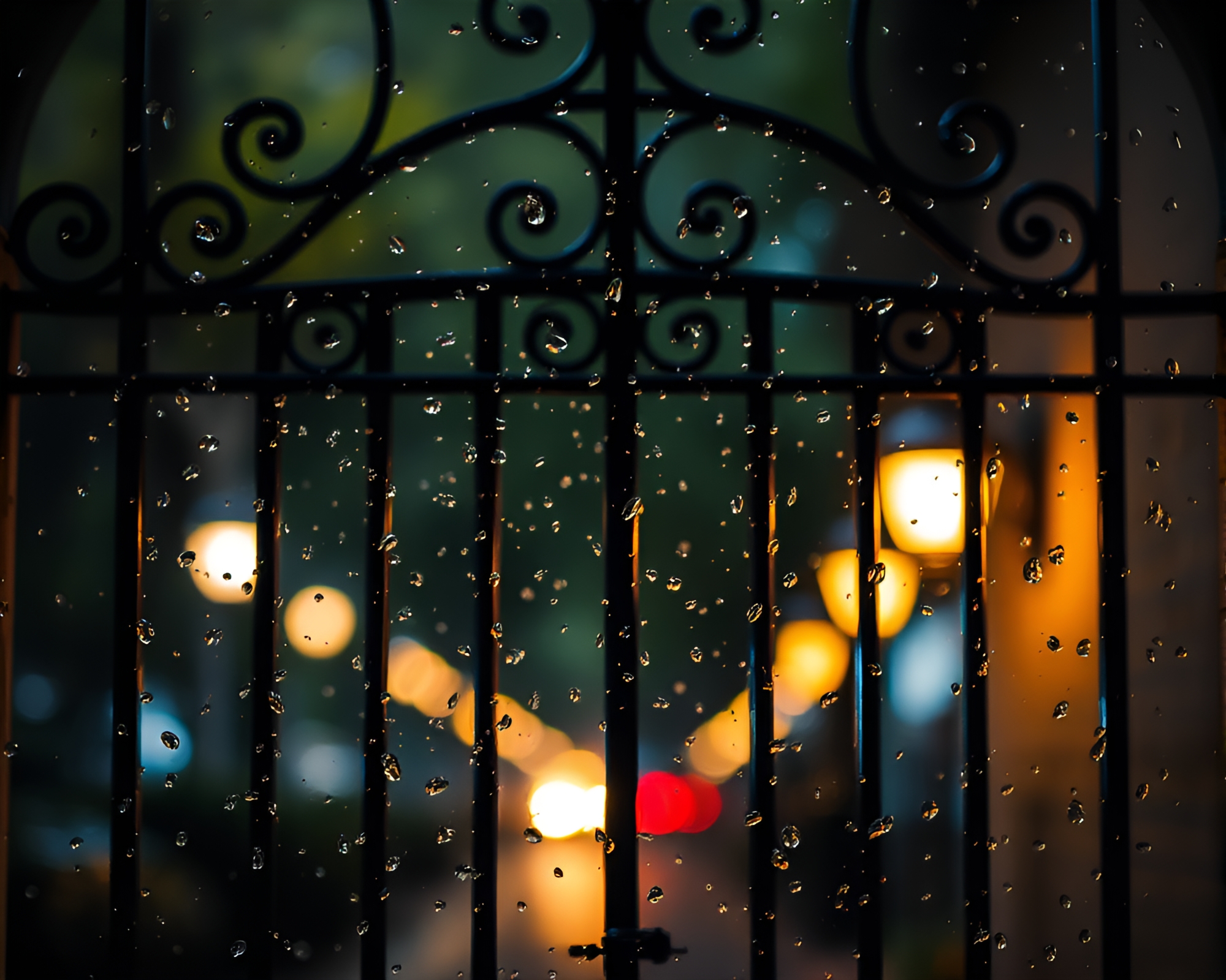 Raindroplets on Wrought Iron Gate with Bokeh Lights – free AI stock image