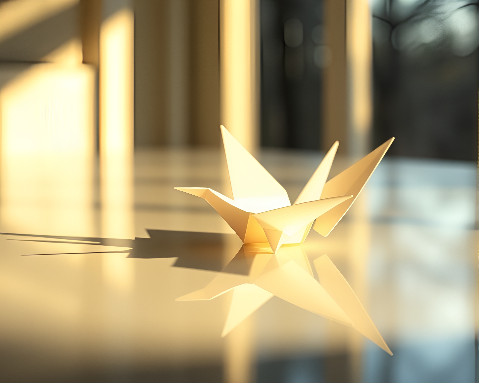 Minimalist Origami Crane Reflection in Warm Porchlight – free AI stock image