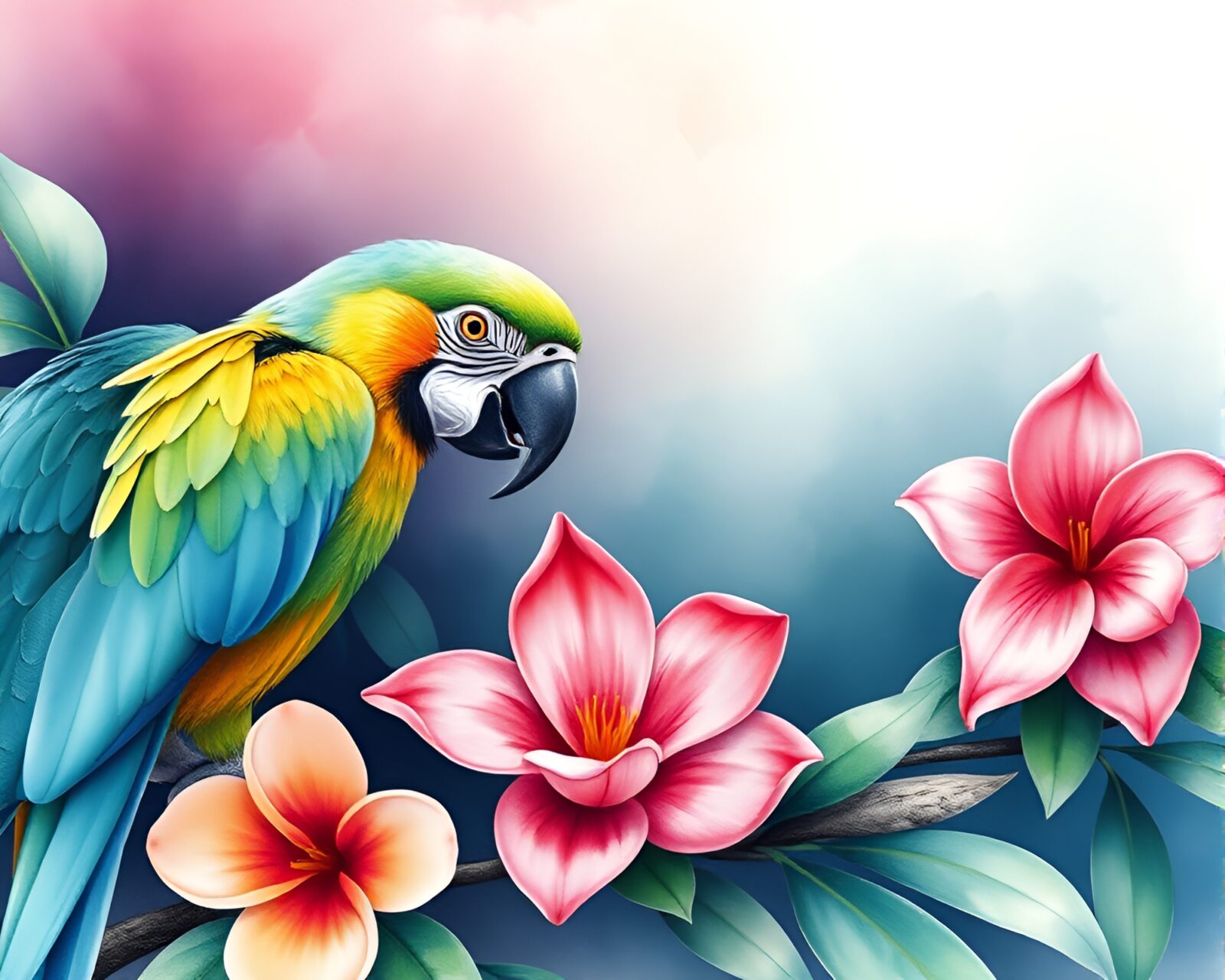 Colorful parrot surrounded by vibrant watercolor blooms in lithographic style
