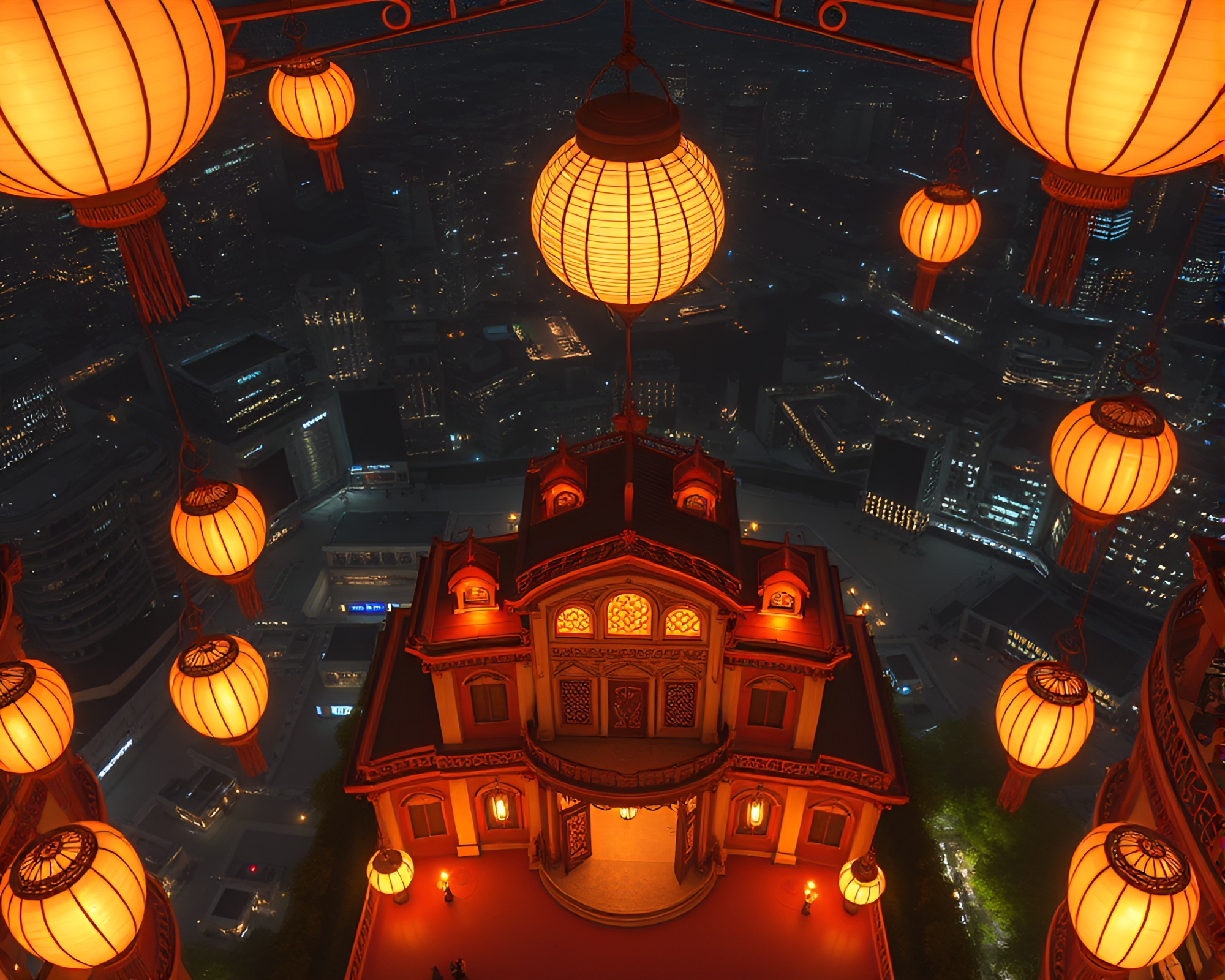 Maximalist Opera-House Glow with Paper Lanterns Bird’s Eye View – free AI stock image