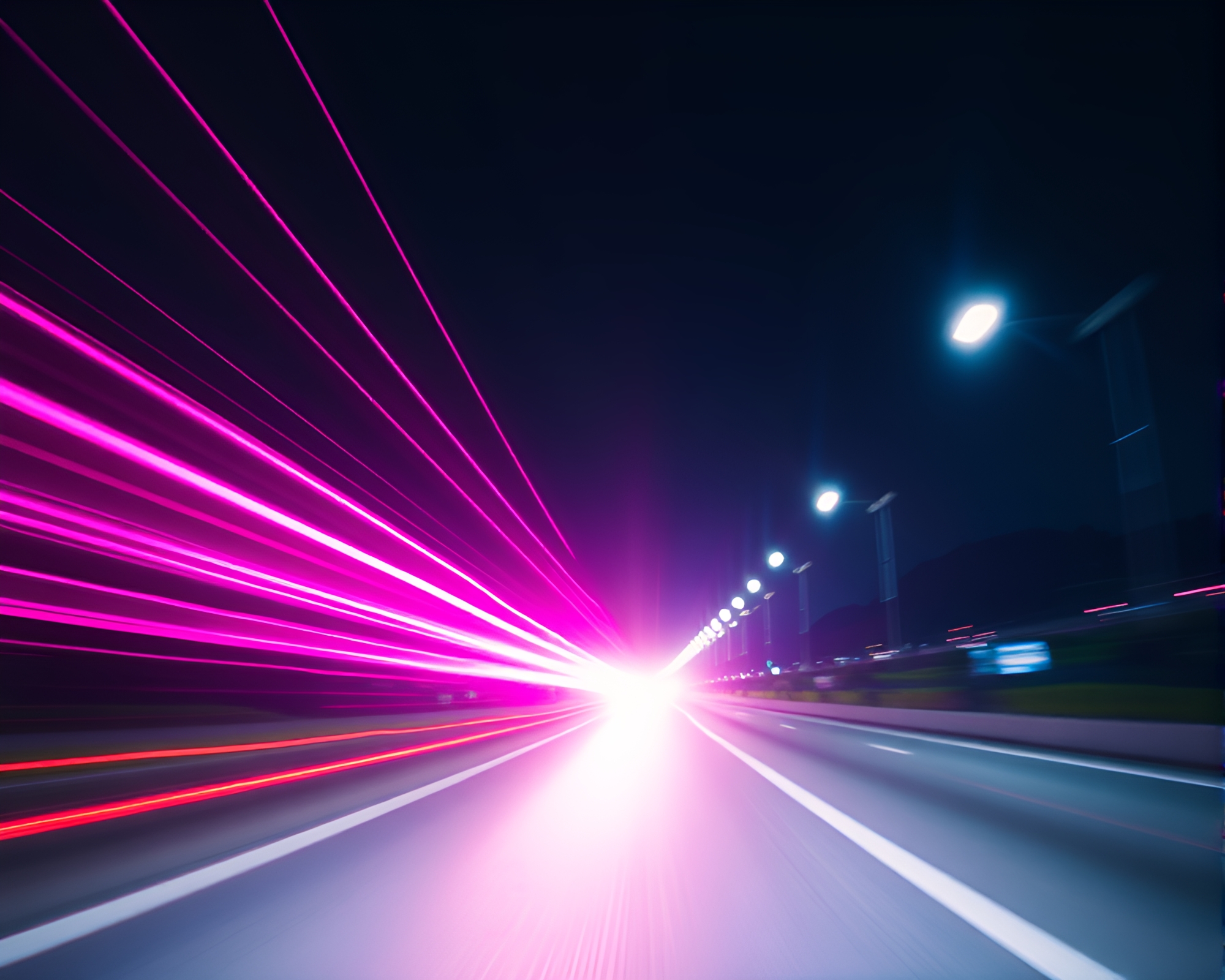 Futuristic Quantum Light Trails in Magenta City – free AI stock image