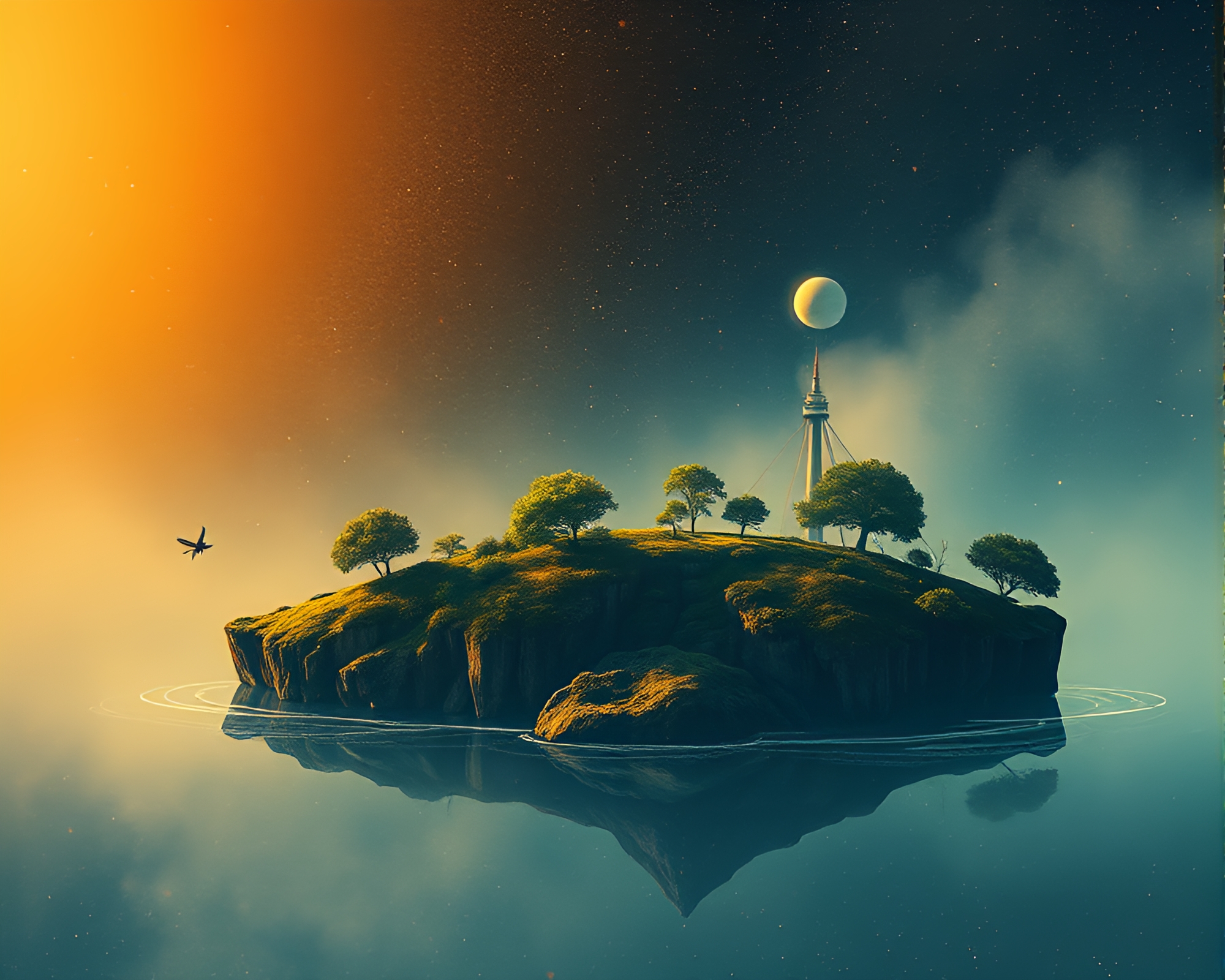 Enchanted Floating Island with Firefly Luminescence – free AI stock image