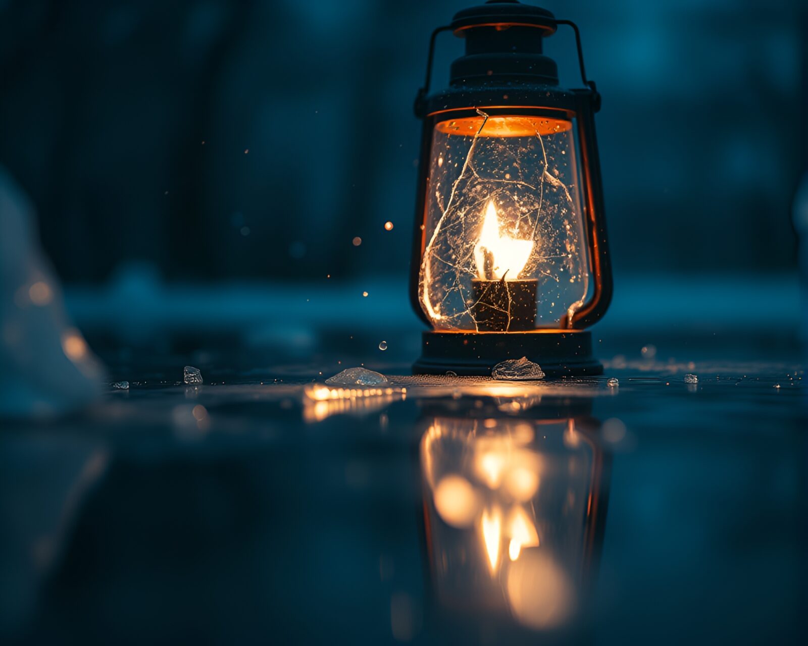 Glowing oil lantern casting light on cracked ice surface