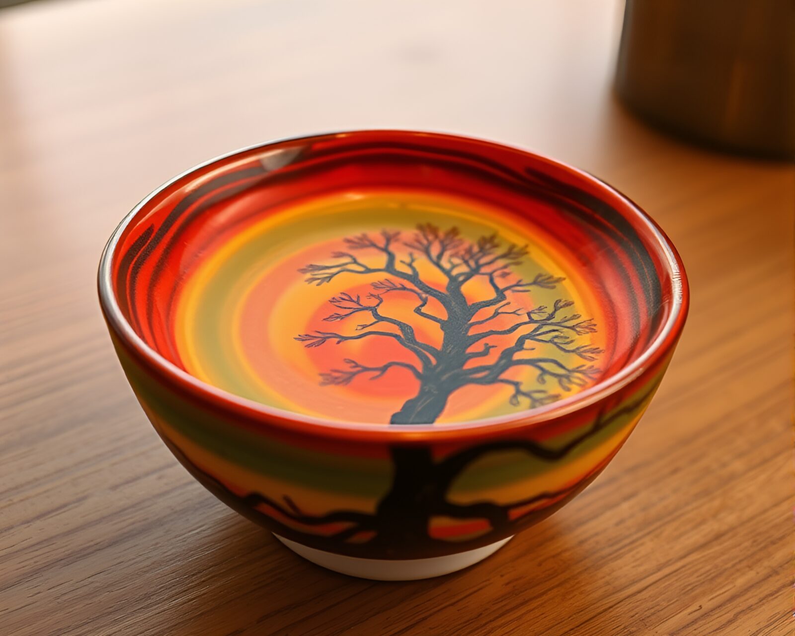 Photorealistic depiction of Ramen bowl with sunset hues