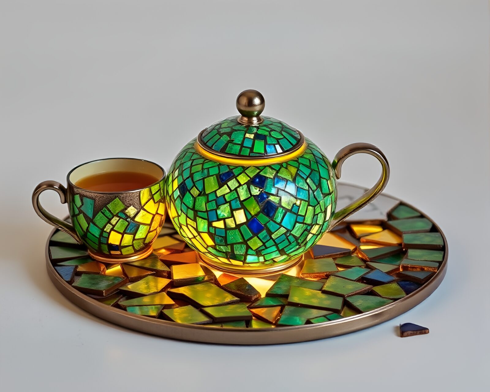 Broken mosaic tea set pieces glowing in firefly light