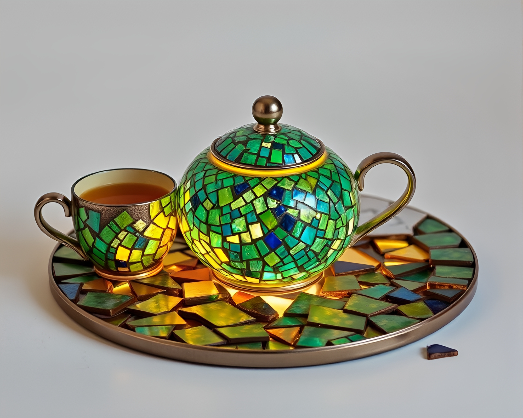 Fragments of Mosaic Tea Set in Firefly Glow – free AI stock image