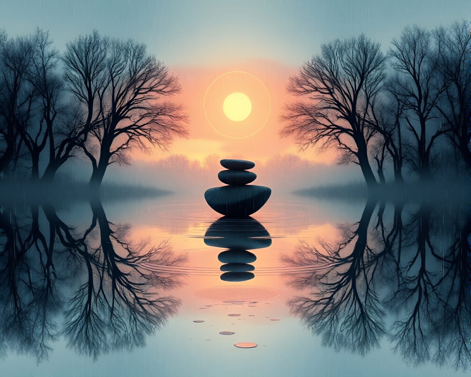 A mystical magic circle in the rain with reflections