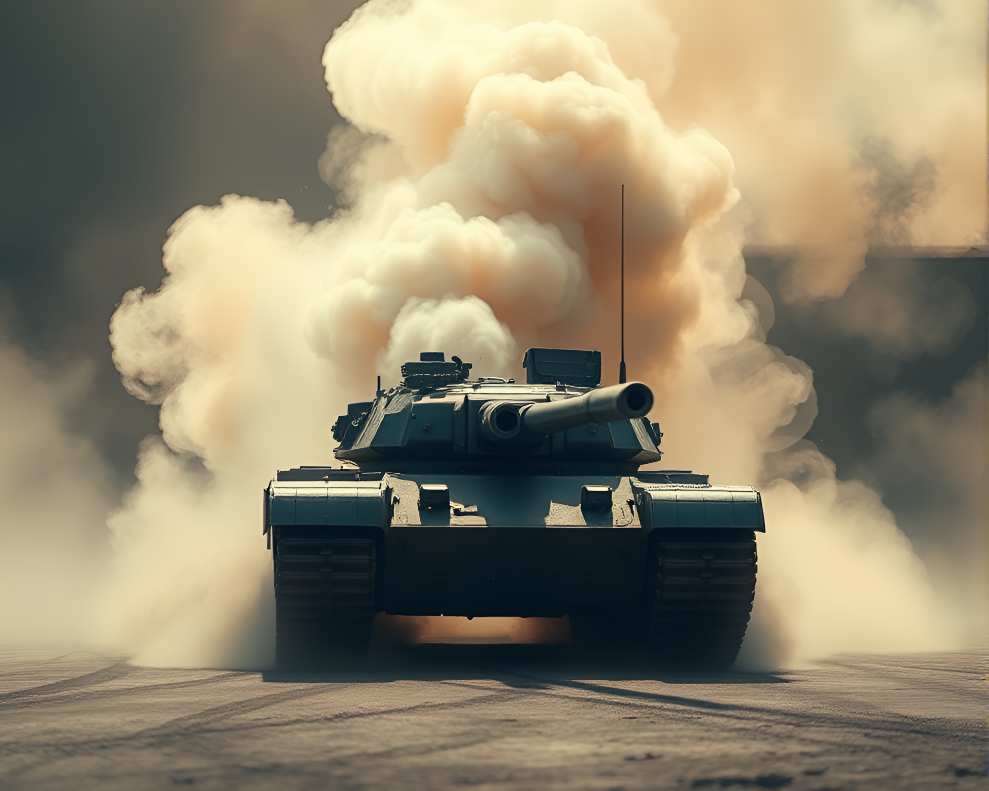 Tank amidst swirling smoke plume in muted pastels – free AI stock image