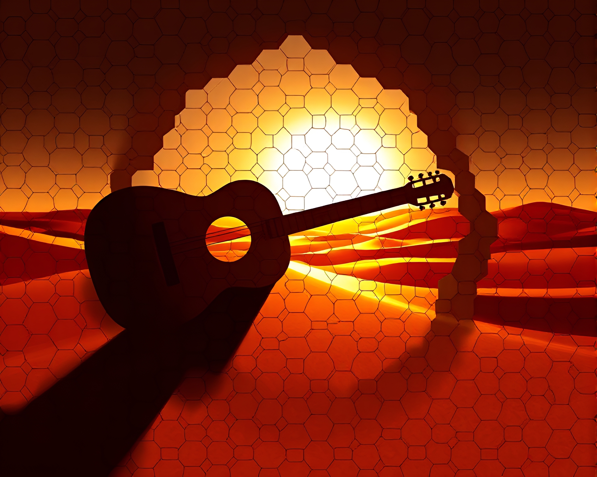 Hexagonal Guitar Silhouette in Desert Sunset – free AI stock image