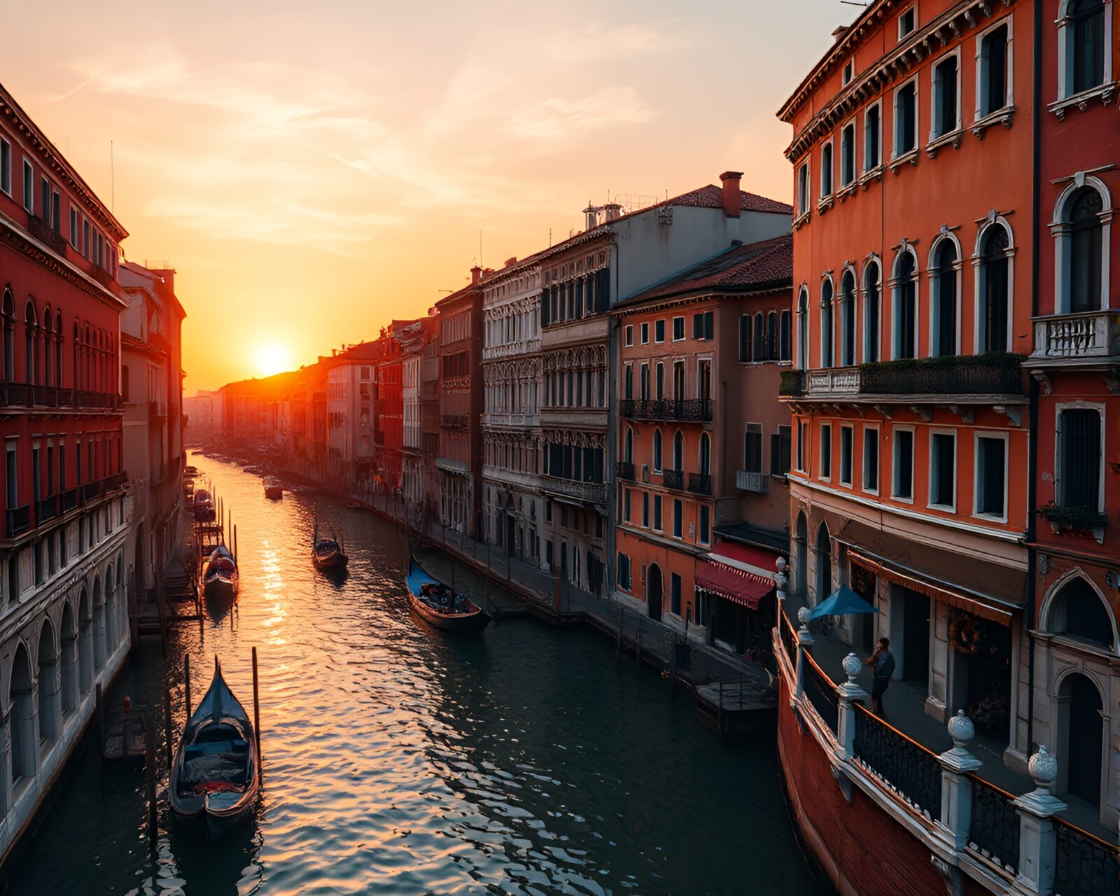 Warm sunset hues over pixelated Venice canal scene
