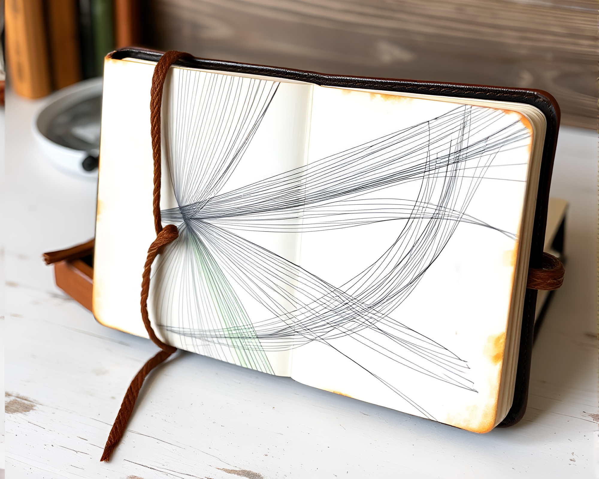 Impressionist Leather-Bound Diary Etching Lines Watercolor Wash – free AI stock image