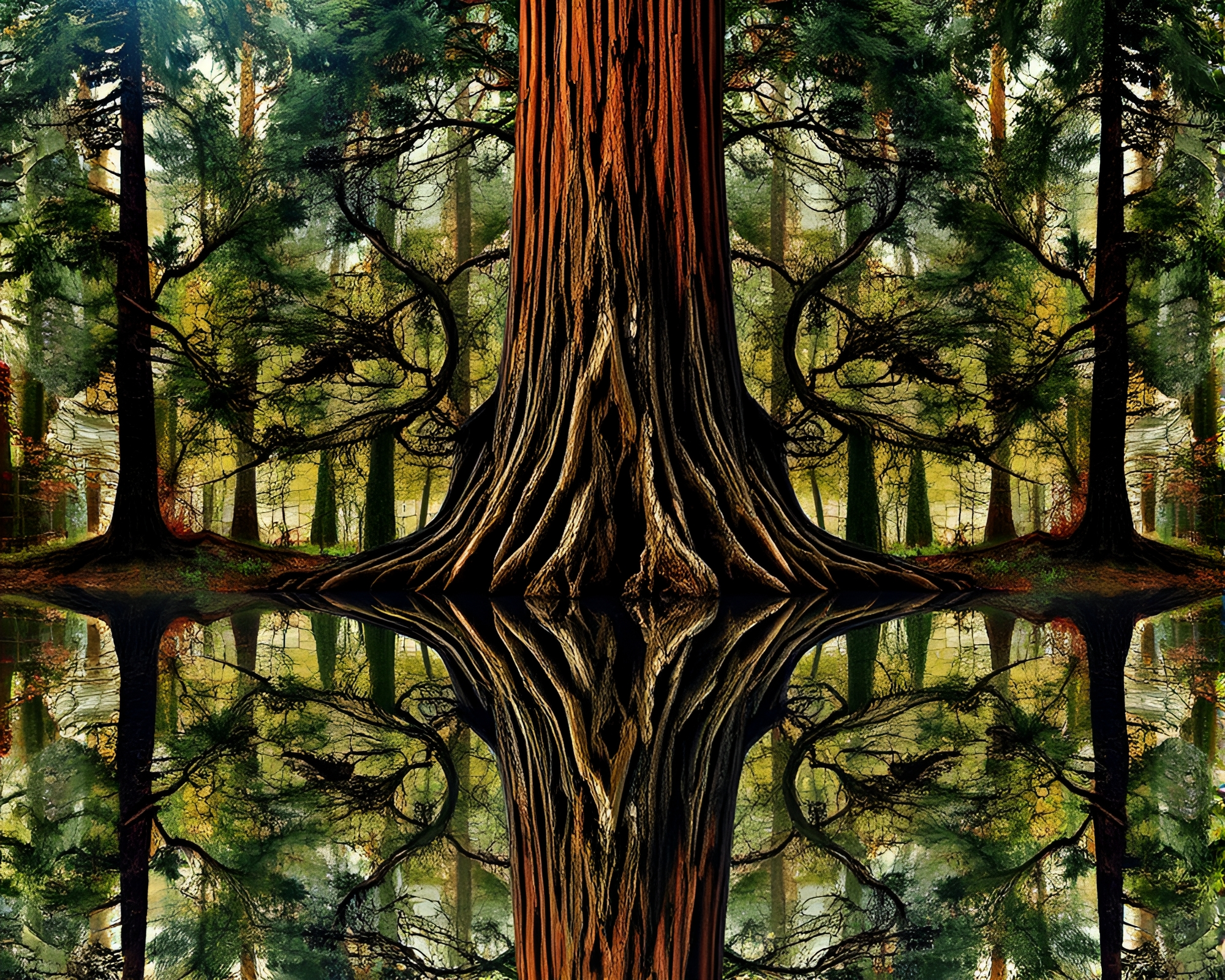 Double Reflection in Mosaic Redwood Tree Grisaille – free AI stock image