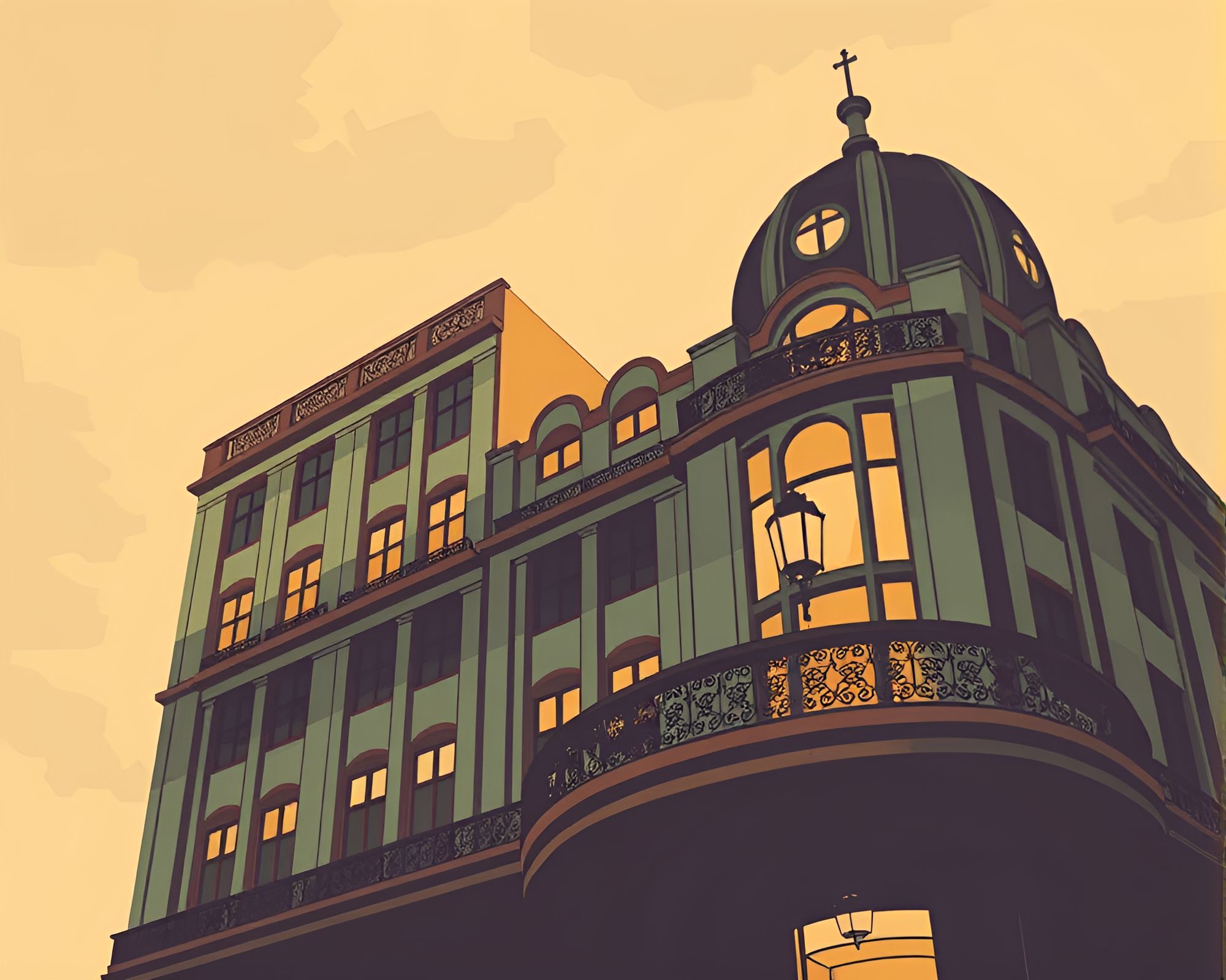 Steampunk Art Deco Hotel Close-Up Illustration – free AI stock image