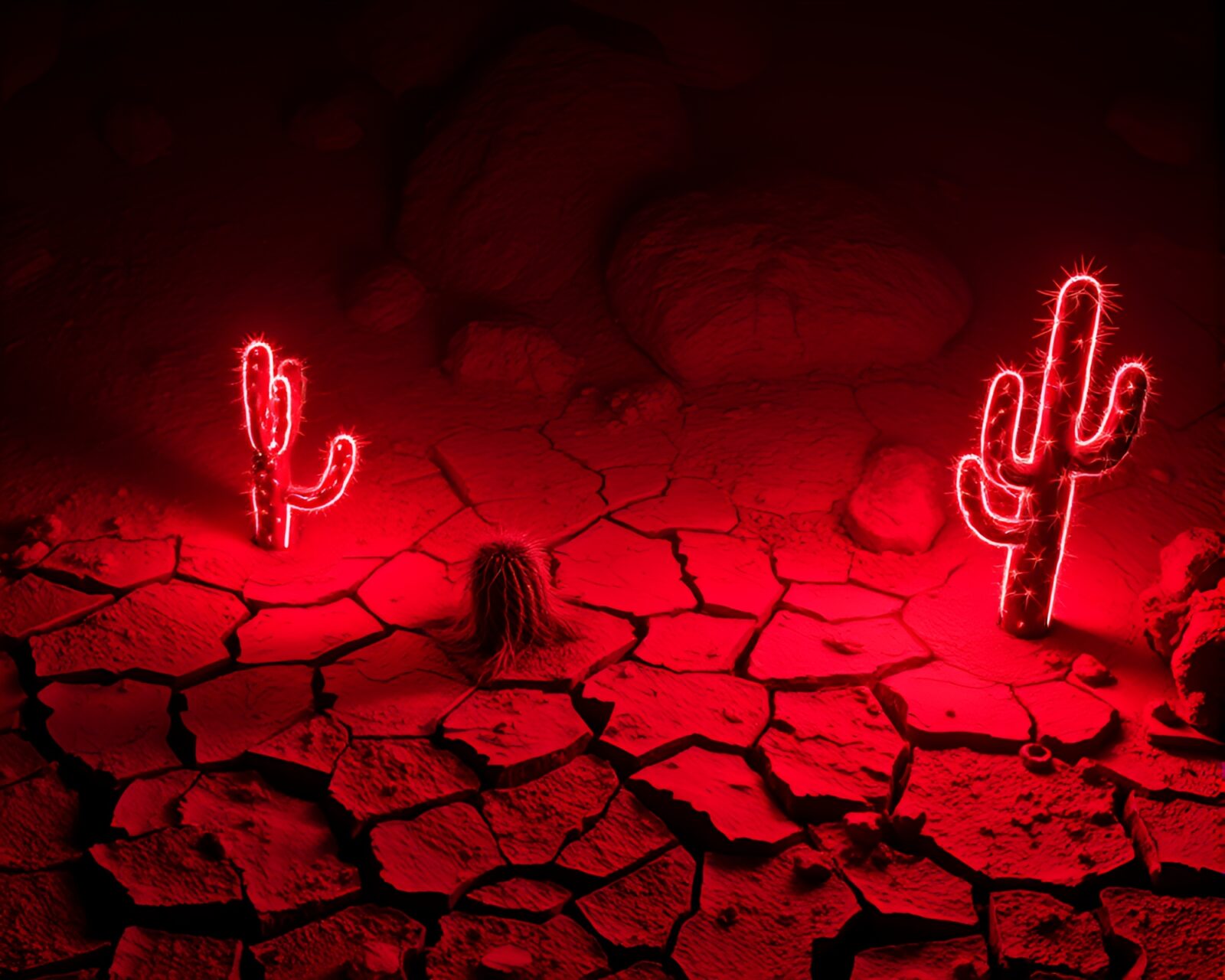 Glowing neon cacti in a desert under shadowy skies