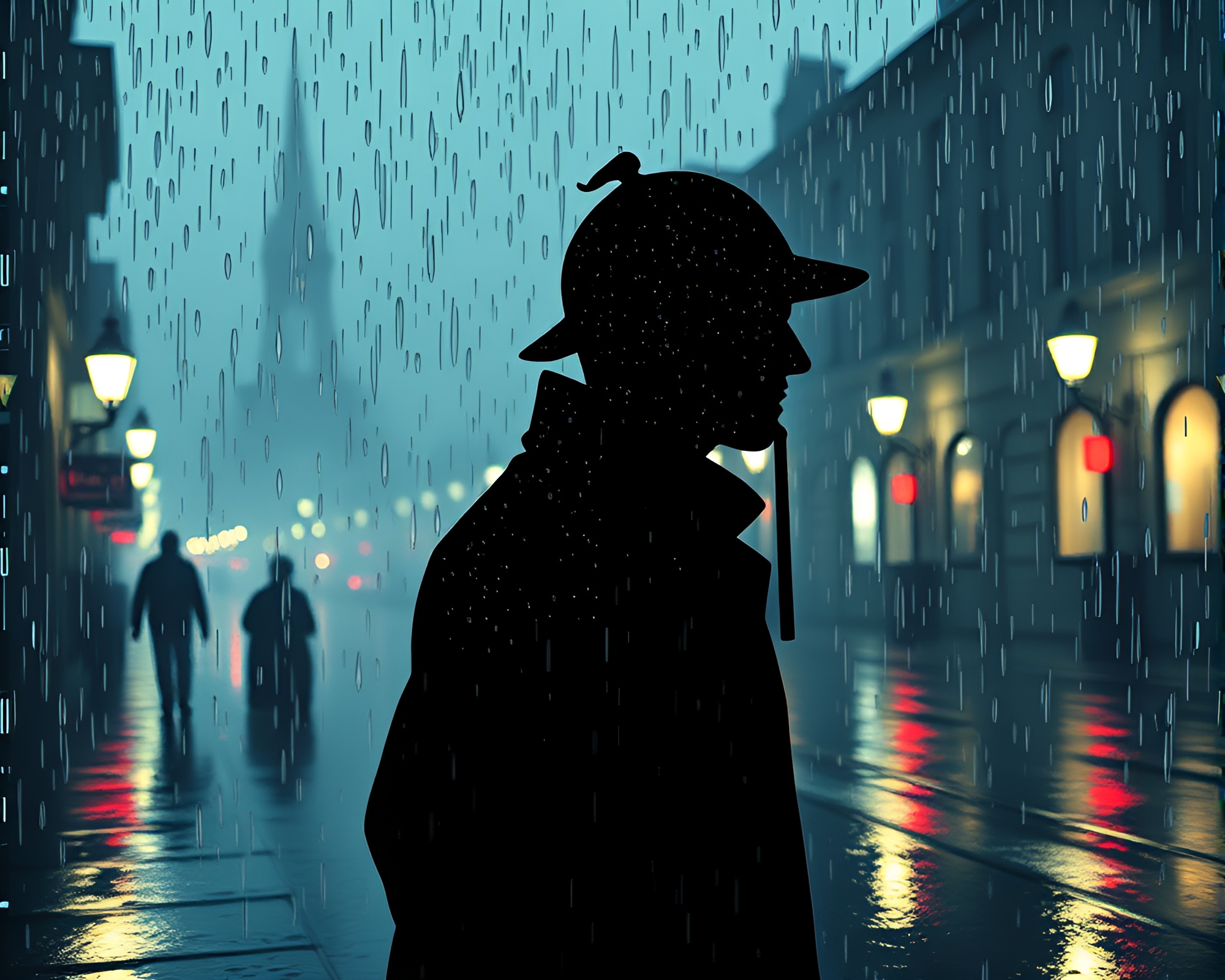 Stippled Sherlock Holmes Silhouette Amid Rainy Reflections – free AI stock image