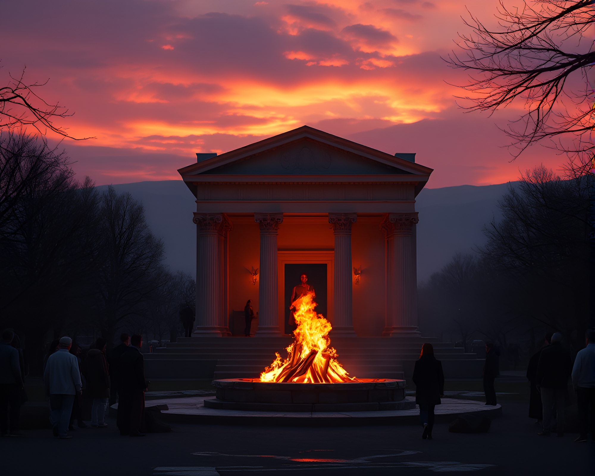 Temple Bonfire Contouring: Off-Center Serenity – free AI stock image