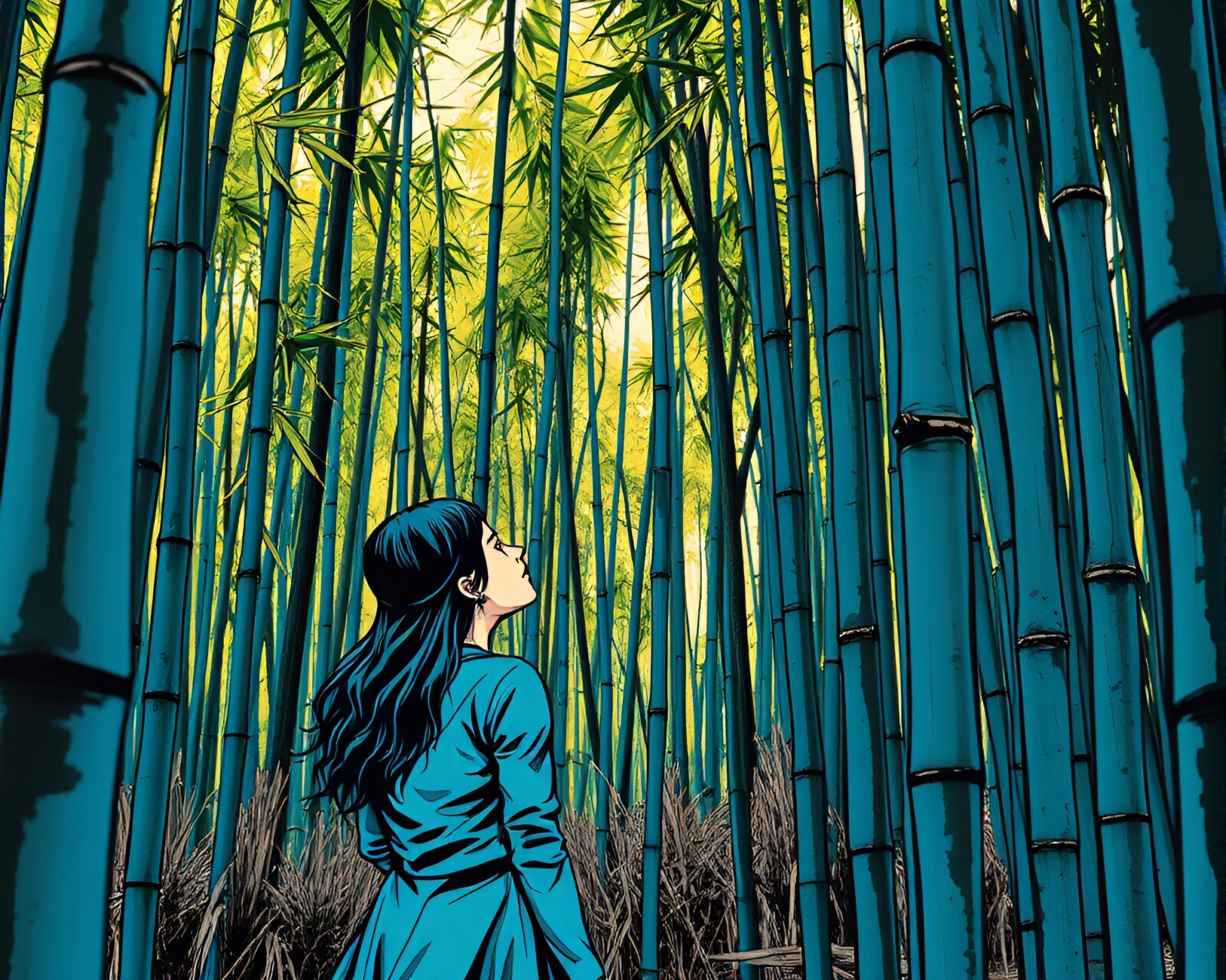 Illustration of a candid scene in a mystical bamboo forest