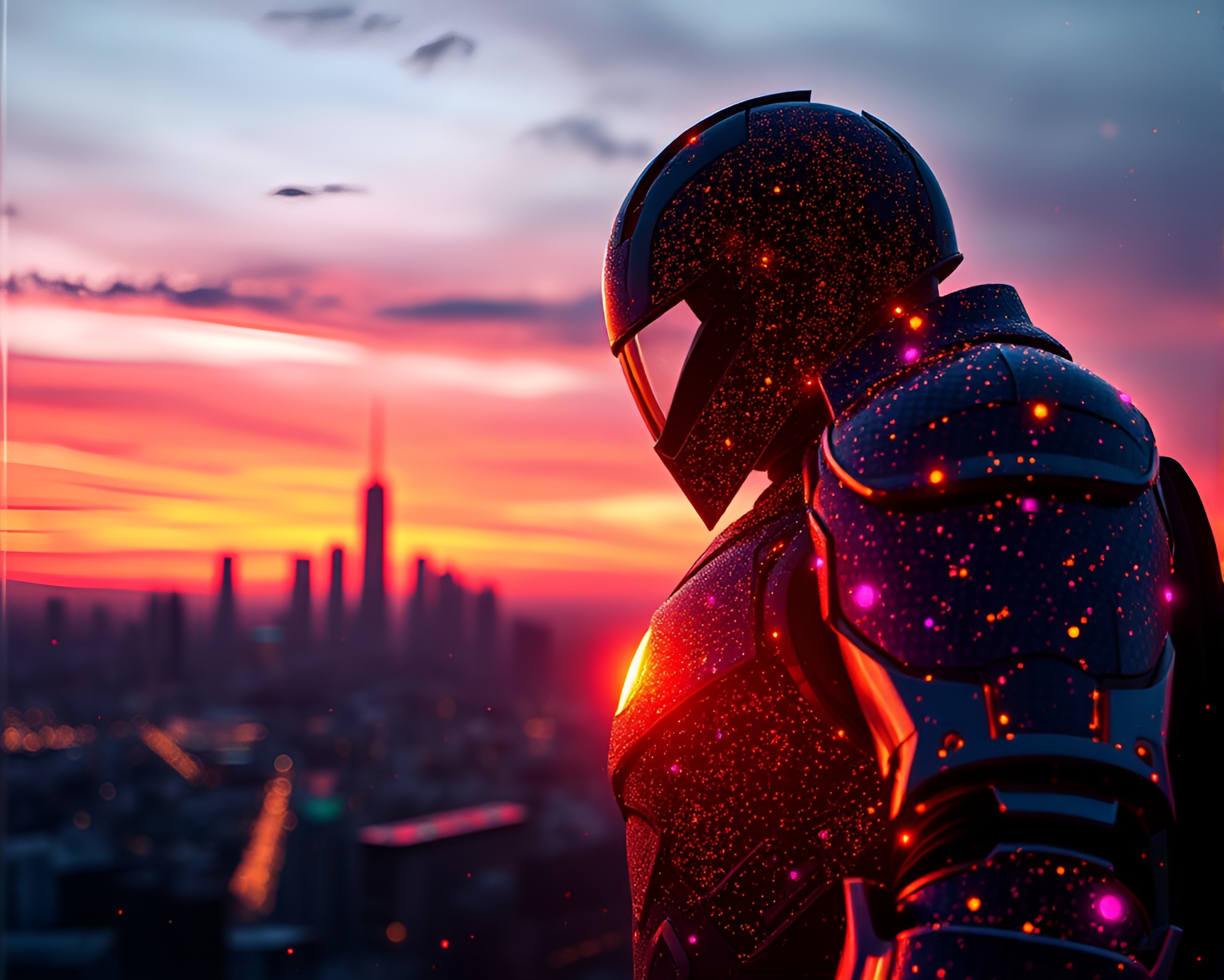 Sunset Skyline Mirage: Armored AI Tapestry – free AI stock image