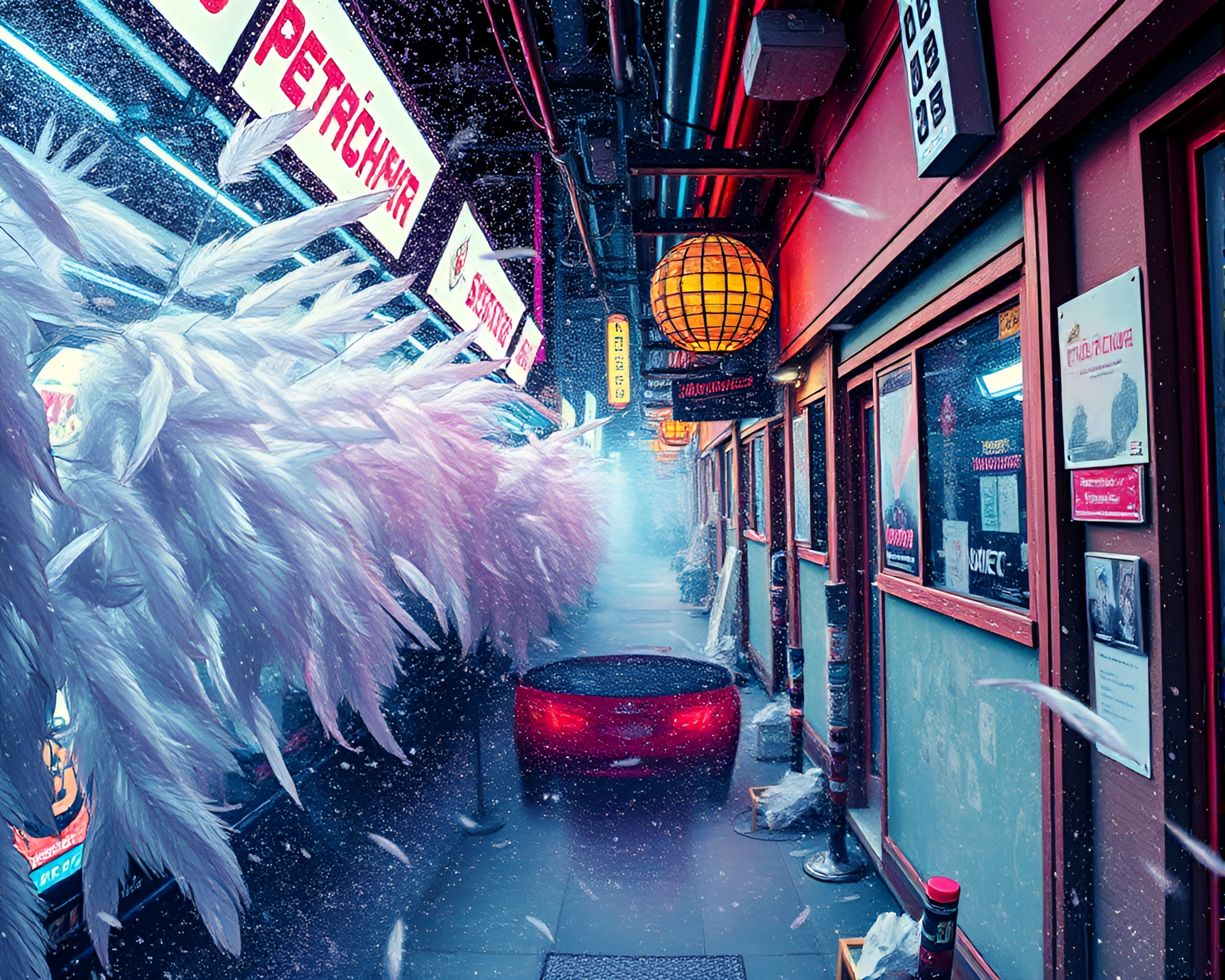 Cyberpunk Feather Dusting in Manga Style Alley – free AI stock image