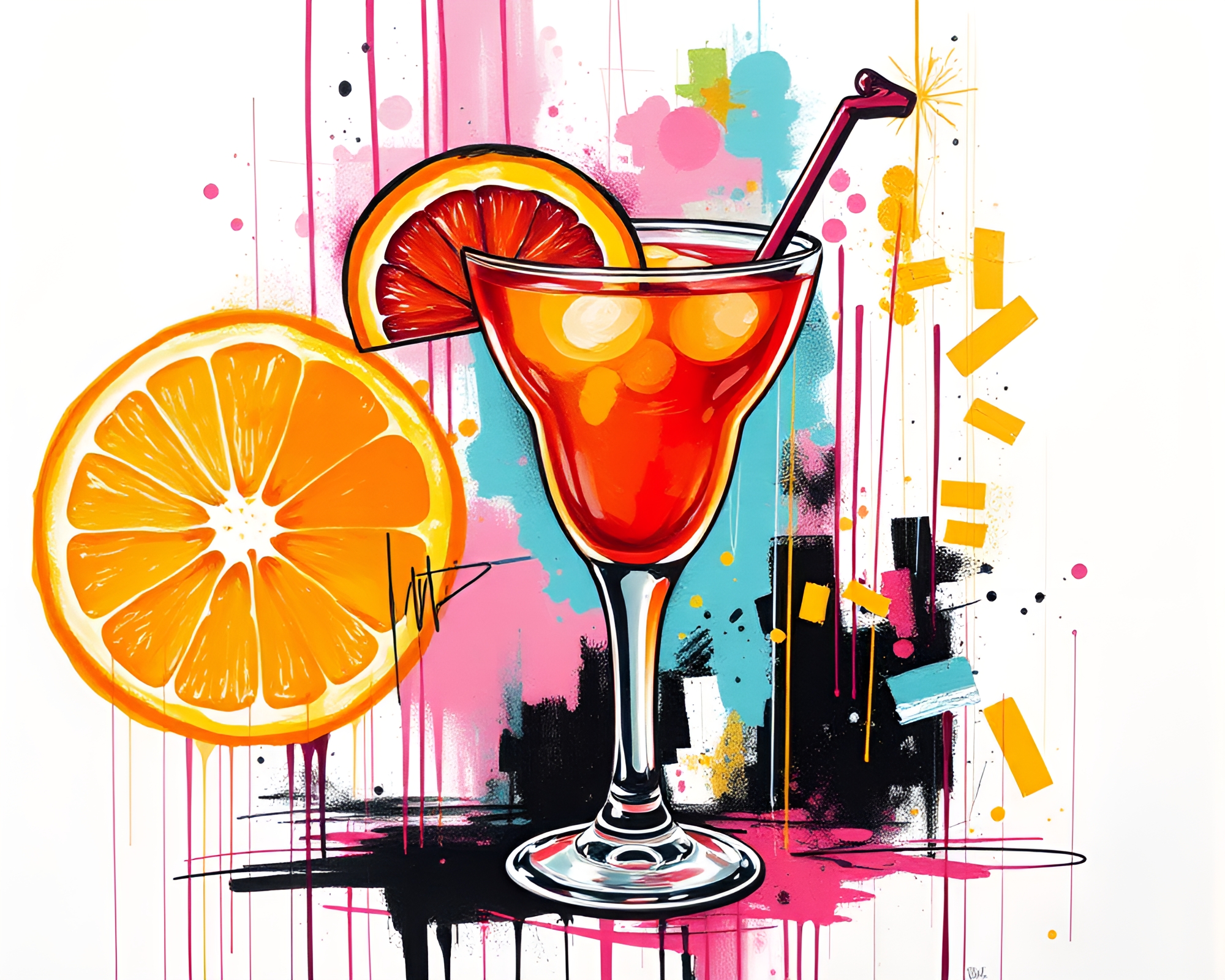 Blood Orange Cocktail Splash on Pastel Graffiti Wall – free AI stock image