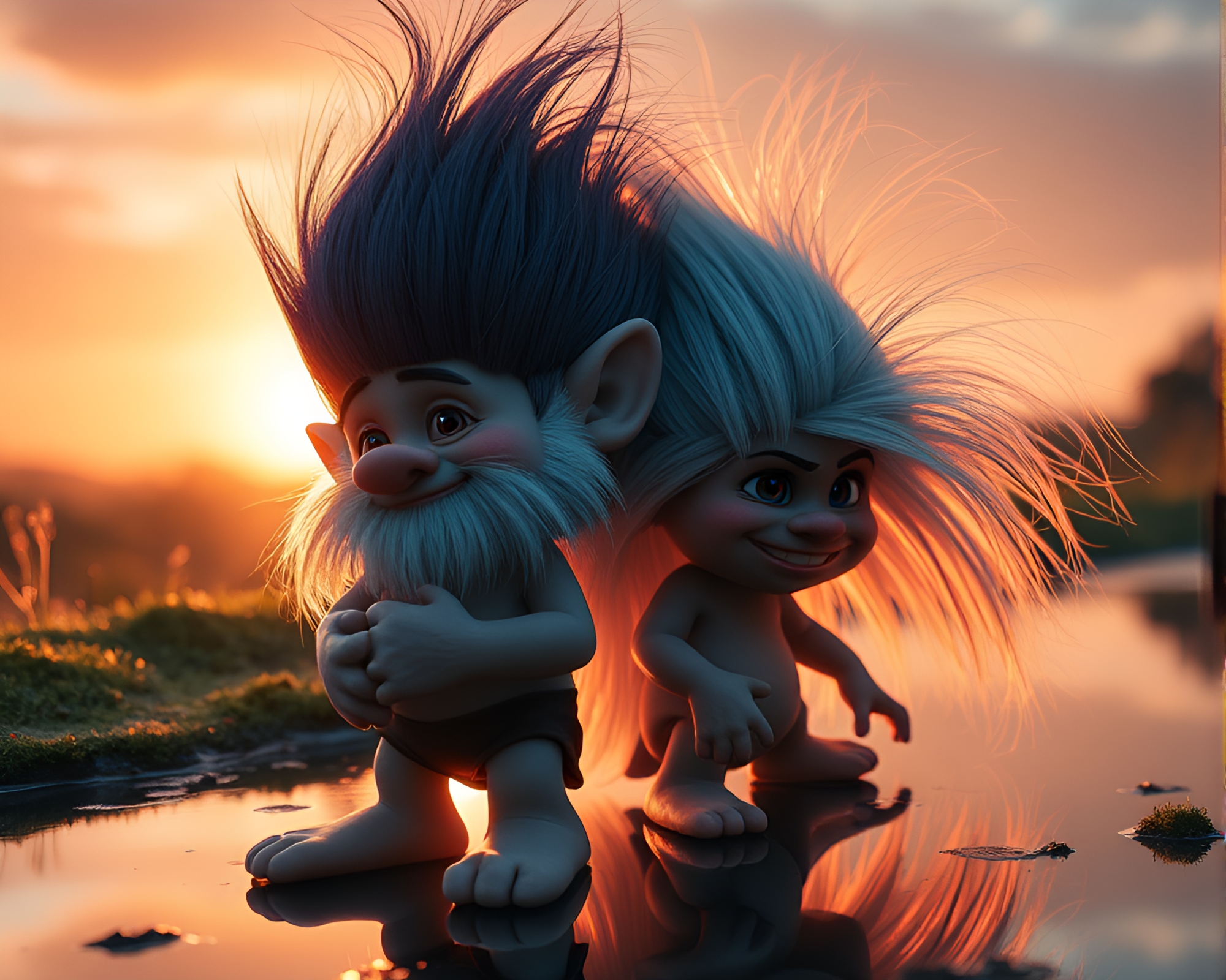 Mystical Troll Double Reflection at Peachy Golden Hour – free AI stock image