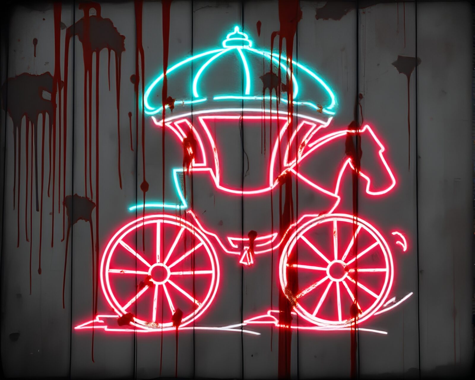 Monochrome city with neon graffiti chariot streaks and rust ambiance