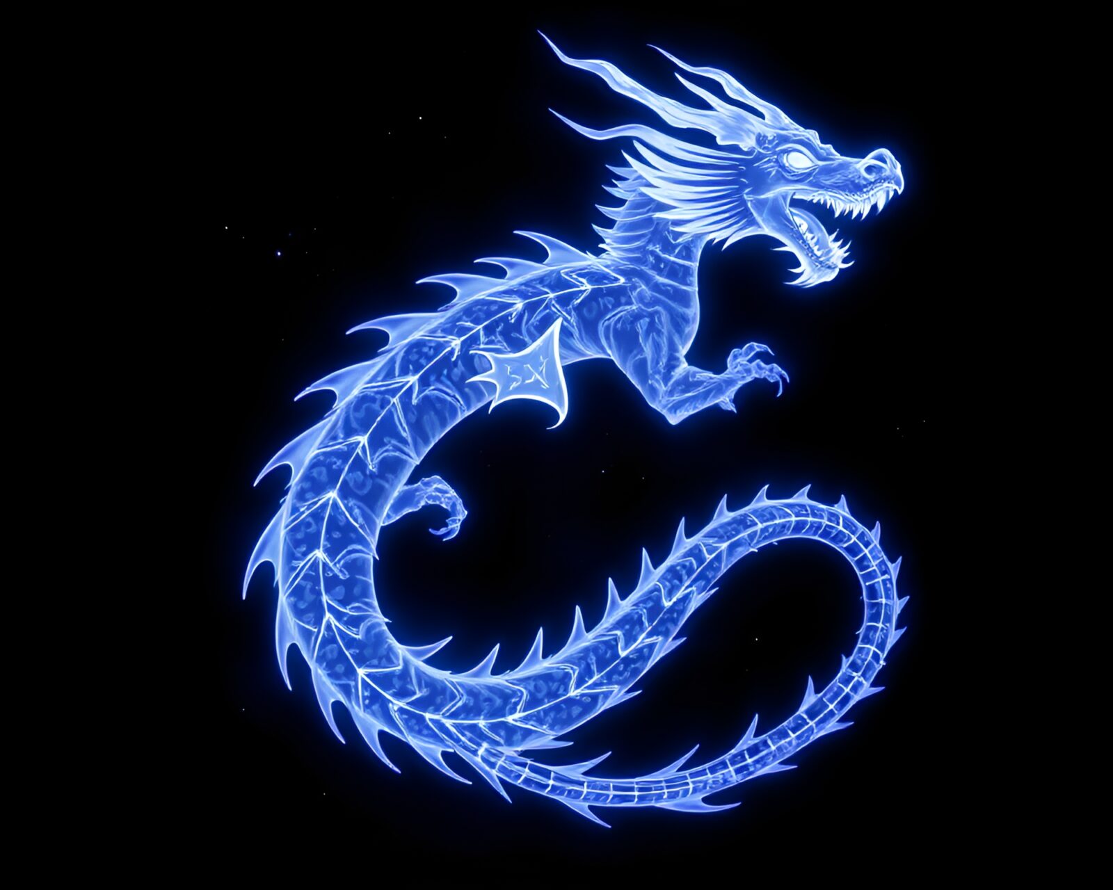Glowing celestial dragon in intricate x-ray design against indigo backdrop