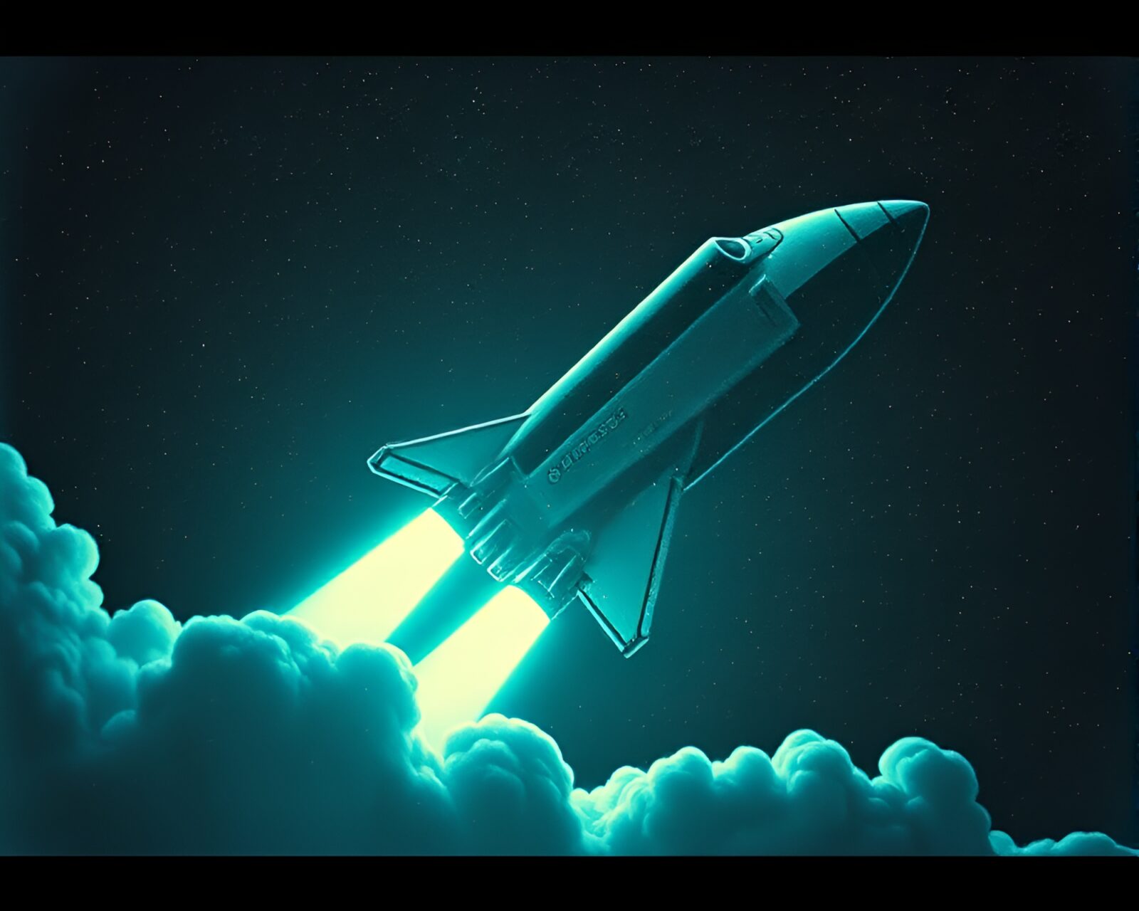 Vintage 90s style space shuttle in stippling underexposed lighting