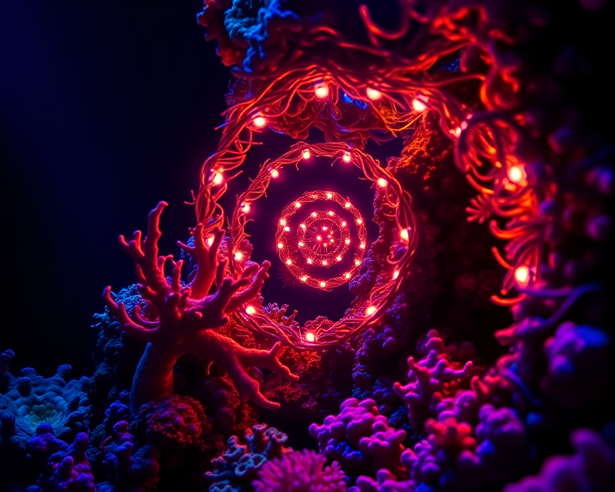 Neon Coral Reef Spiral Under Strobe Club Lights – free AI stock image