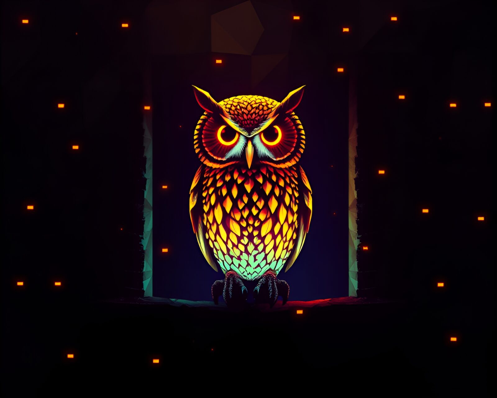 Majestic owl framed by glitchy geometric fireplace patterns