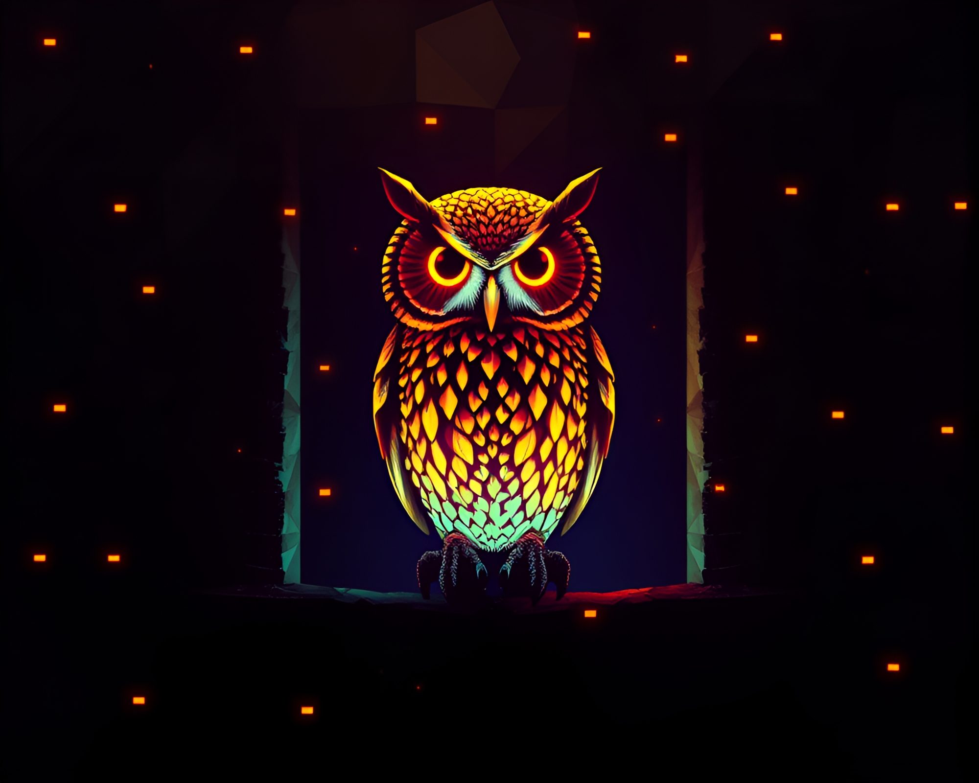 Glitch Owl Illuminated by Fireplace Geometric Patterns – free AI stock image