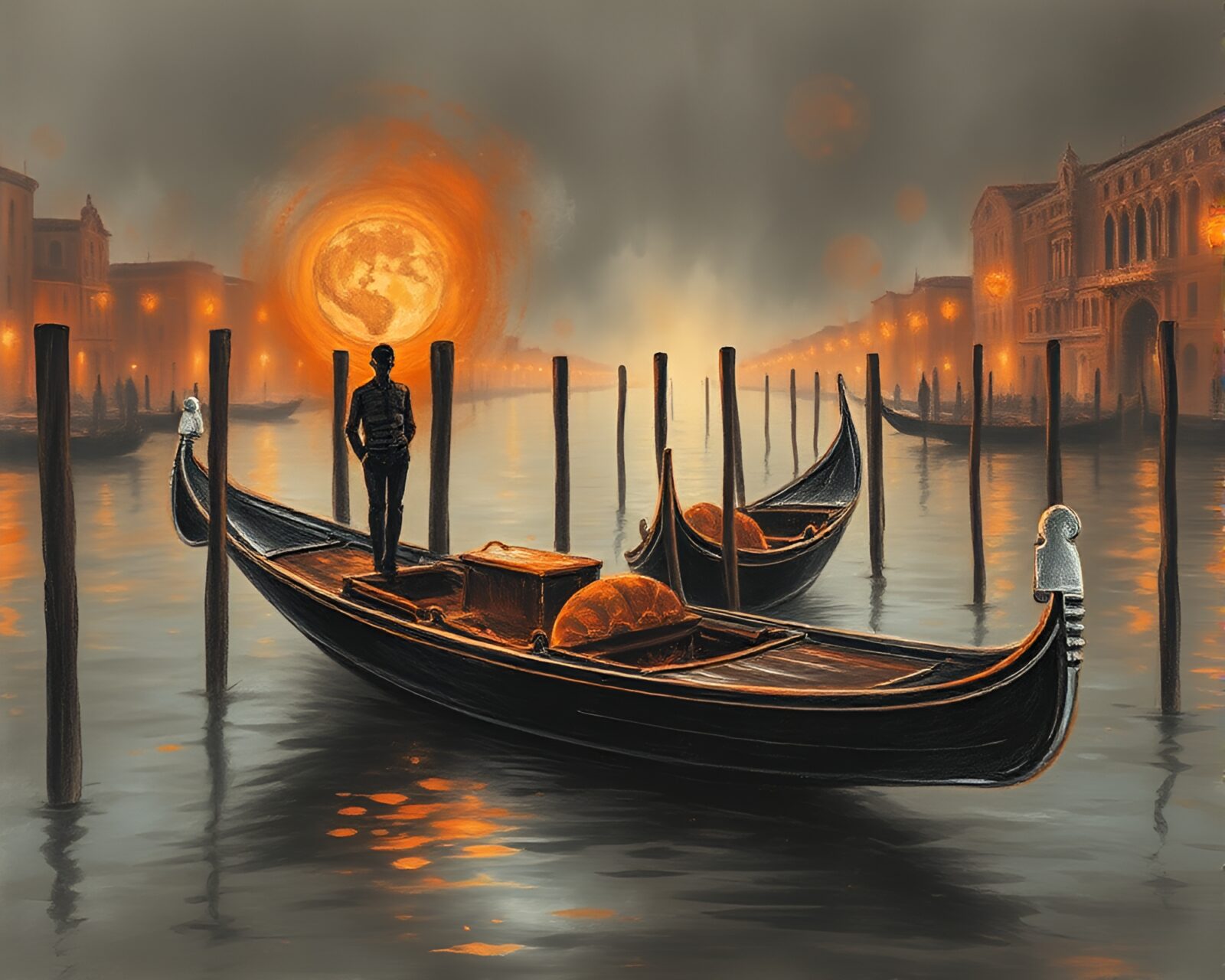 Chalk drawing of a Venetian gondola surrounded by floating embers