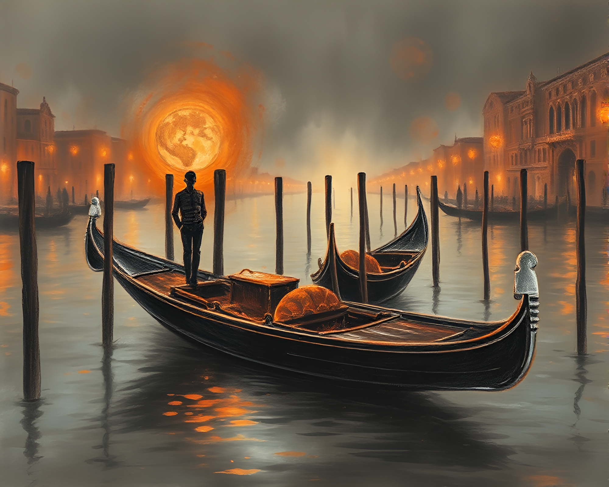 Venetian Gondola Amidst Floating Embers in Copper Tones – free AI stock image
