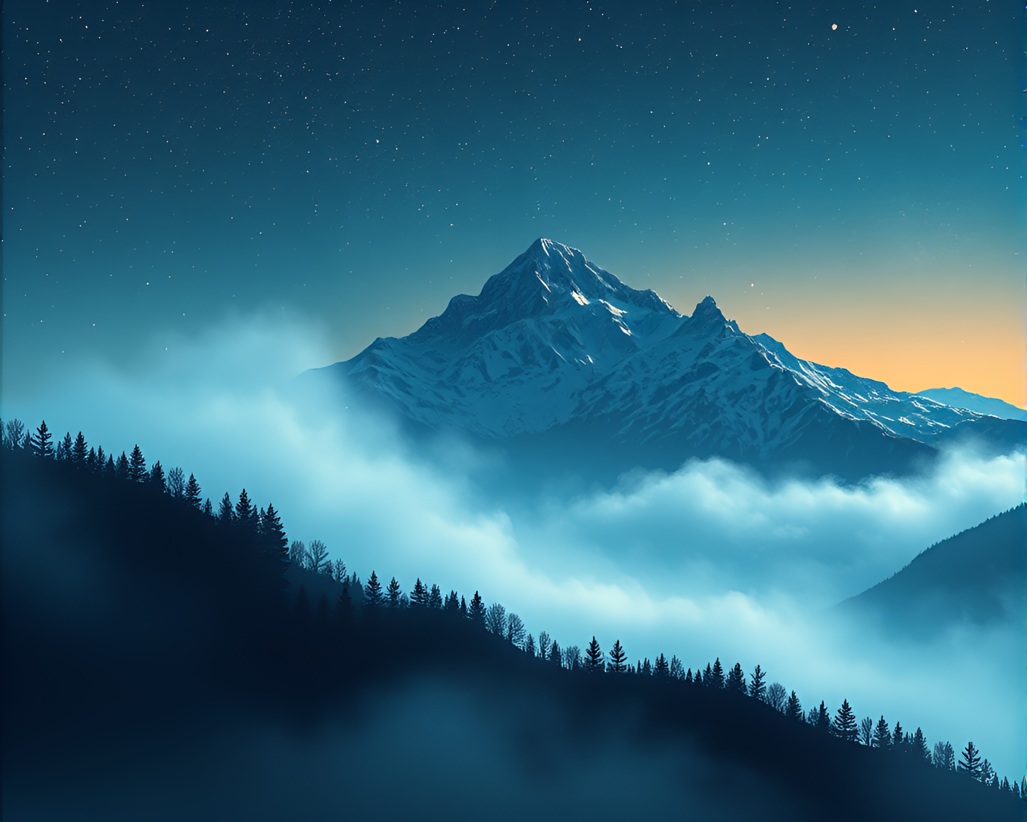 Mist-shrouded Mountain under Starlit Sky Technical Illustration – free AI stock image