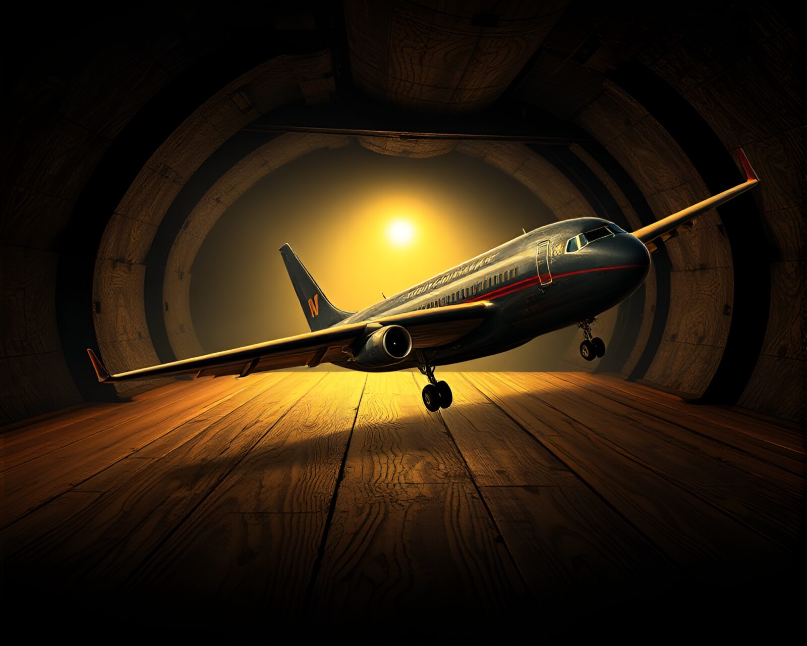 Mystical airplane in a dungeon with torchlight, made of wood grains