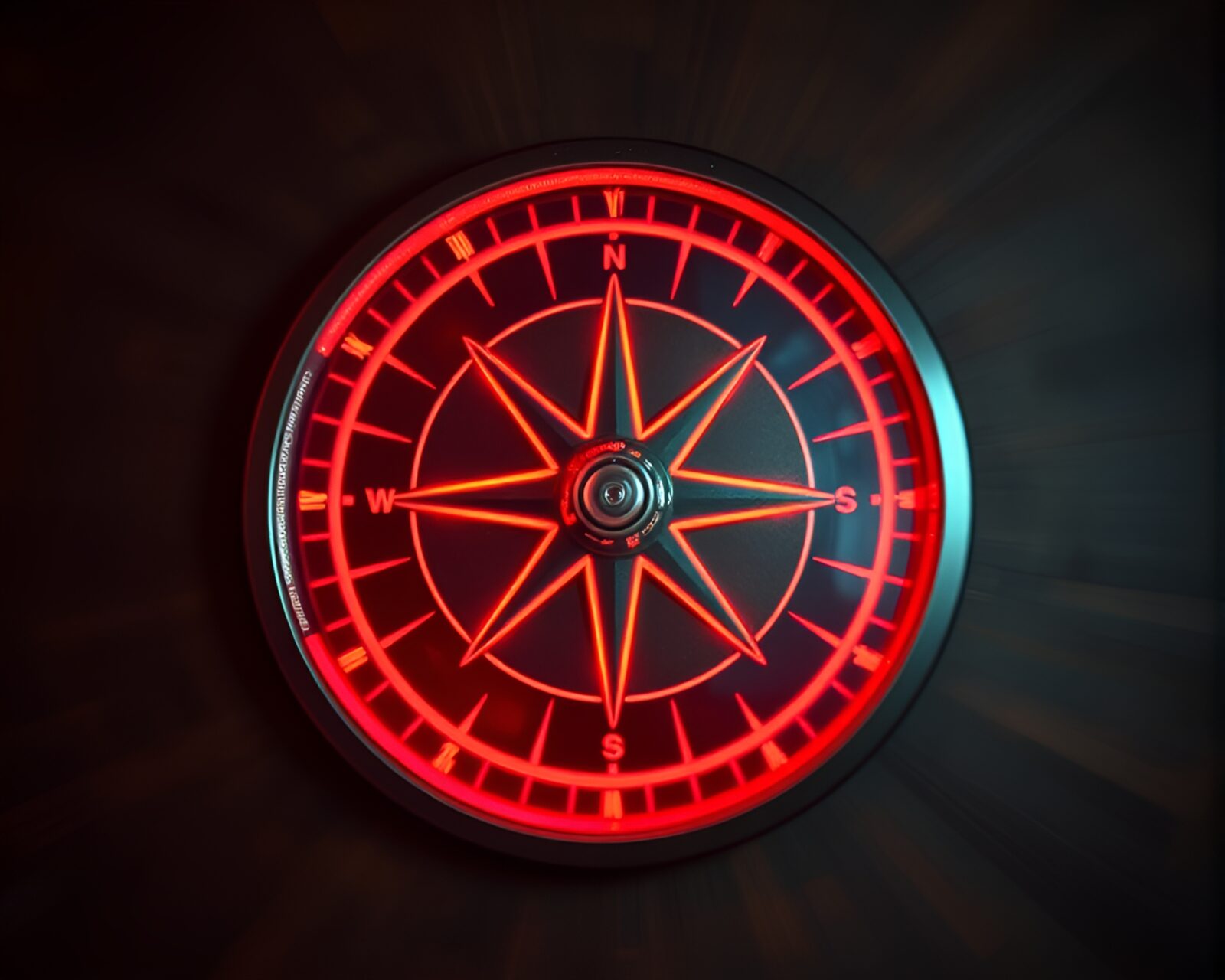 Vibrant neon compass with swirling oil textures in motion