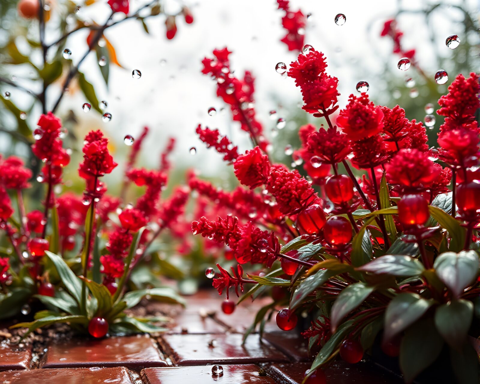 Hyper-realistic wet glass beads reflecting vibrant sky garden